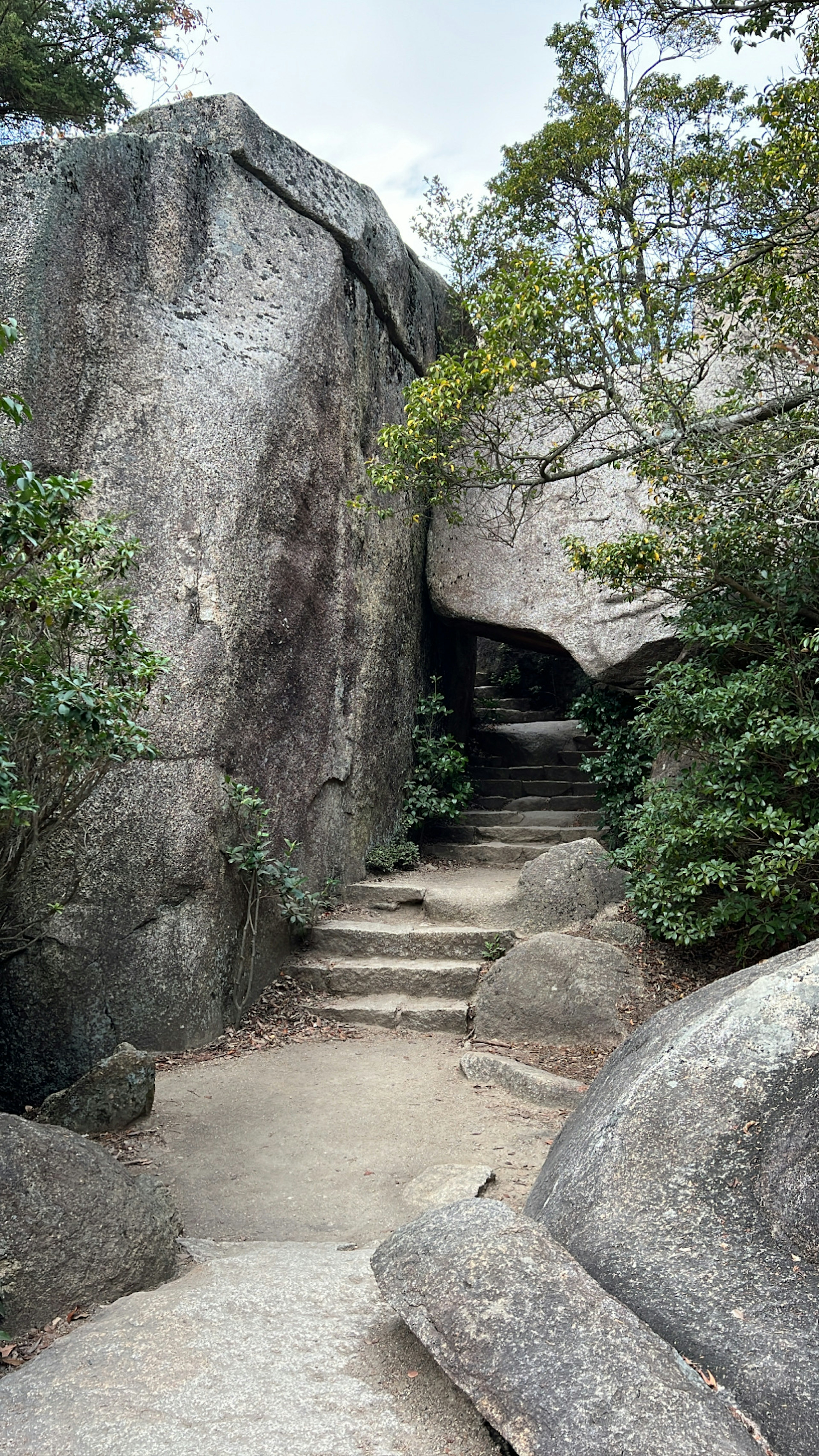 Pathway leading through large rocks with stone steps and greenery