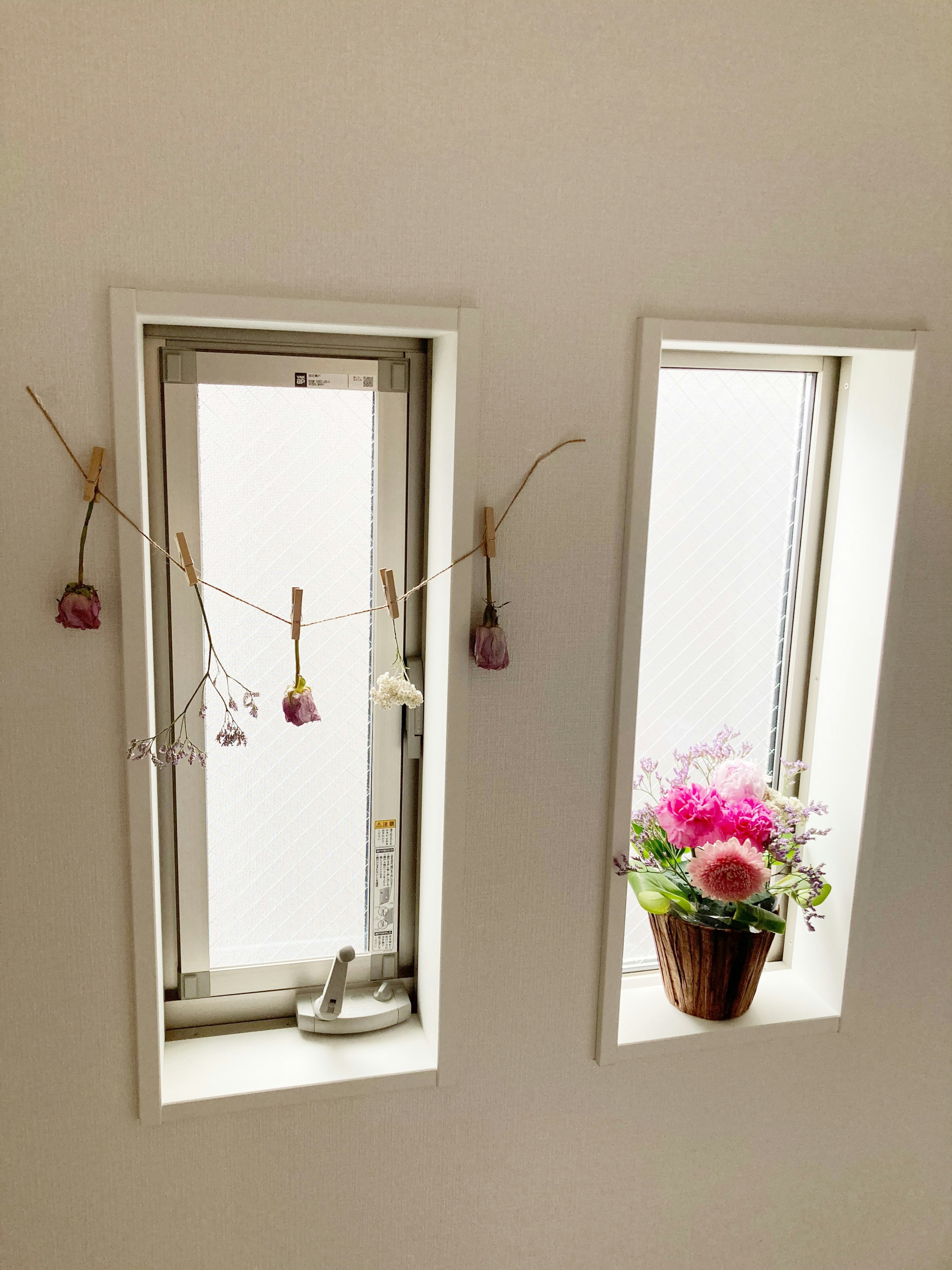 Dos ventanas estrechas en una pared blanca con una maceta de flores en la ventana de la derecha