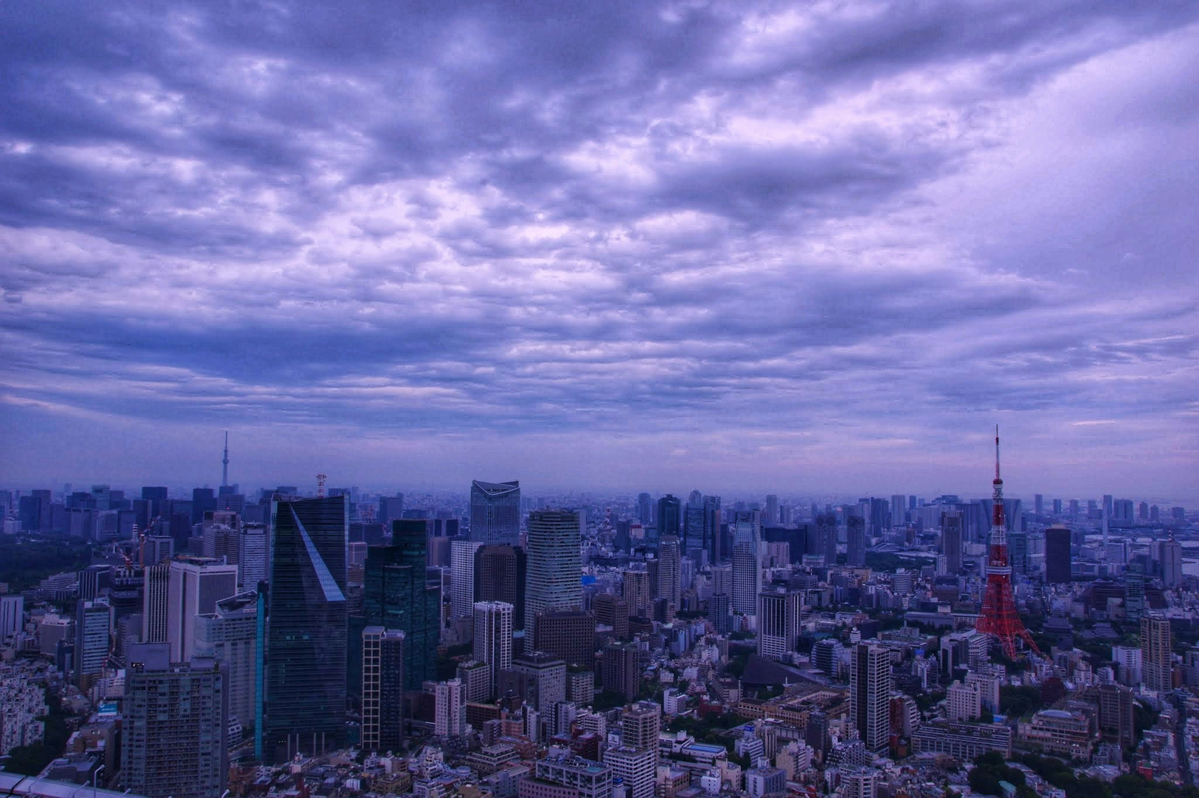 Tokyo skyline at dusk with purple clouds and Tokyo Tower