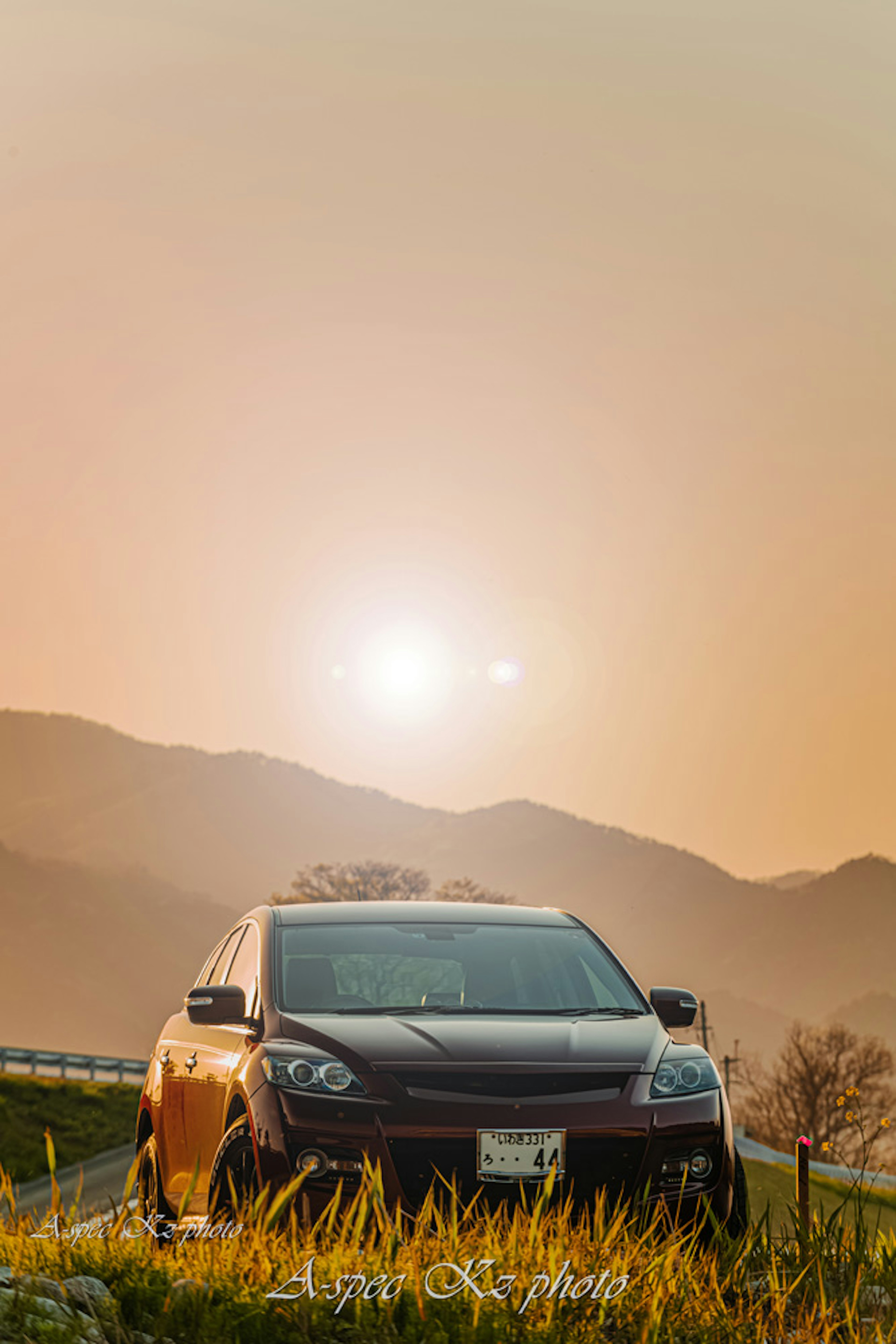 Auto nera davanti a montagne con sfondo di tramonto