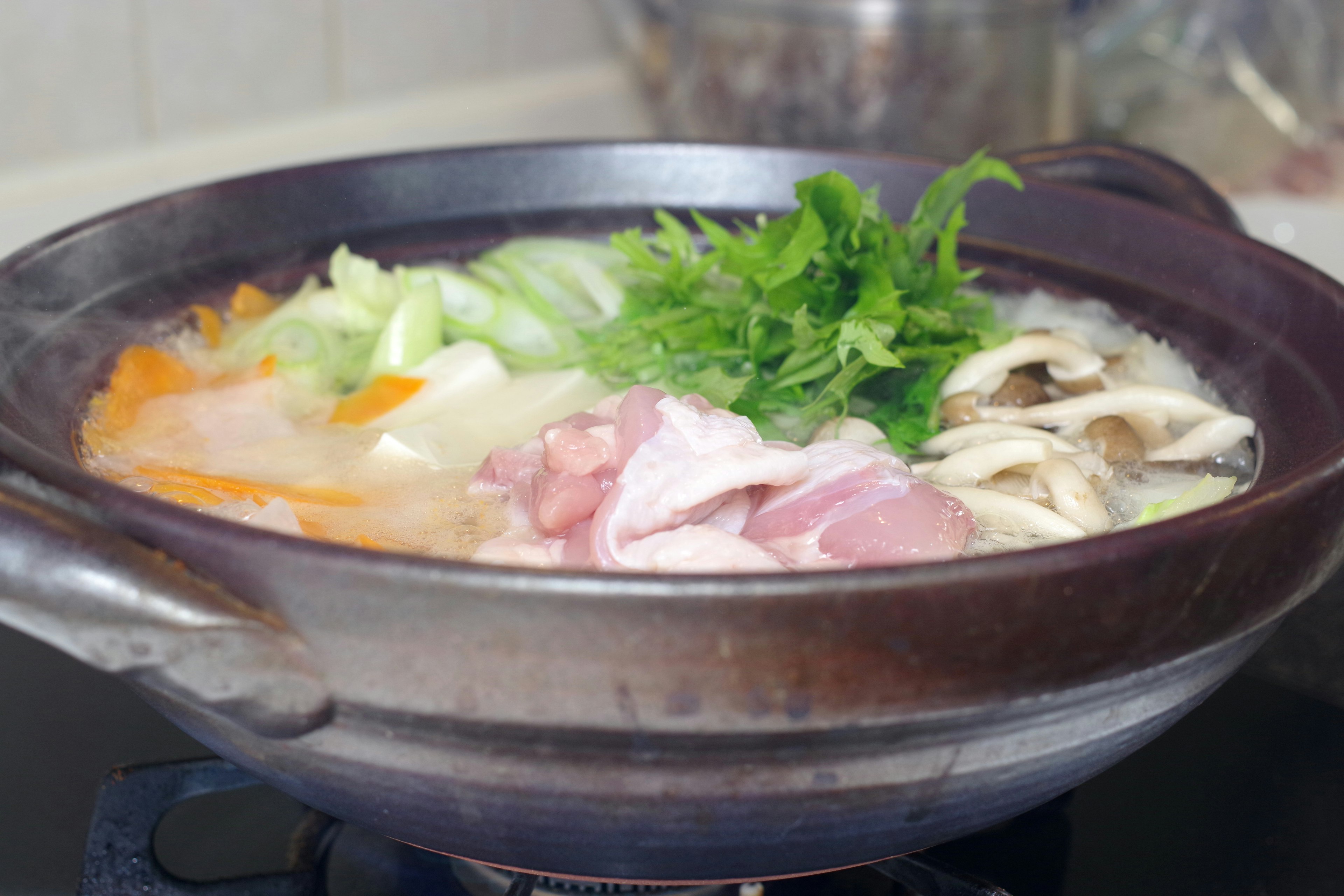 Hot pot dengan sayuran segar dan daging