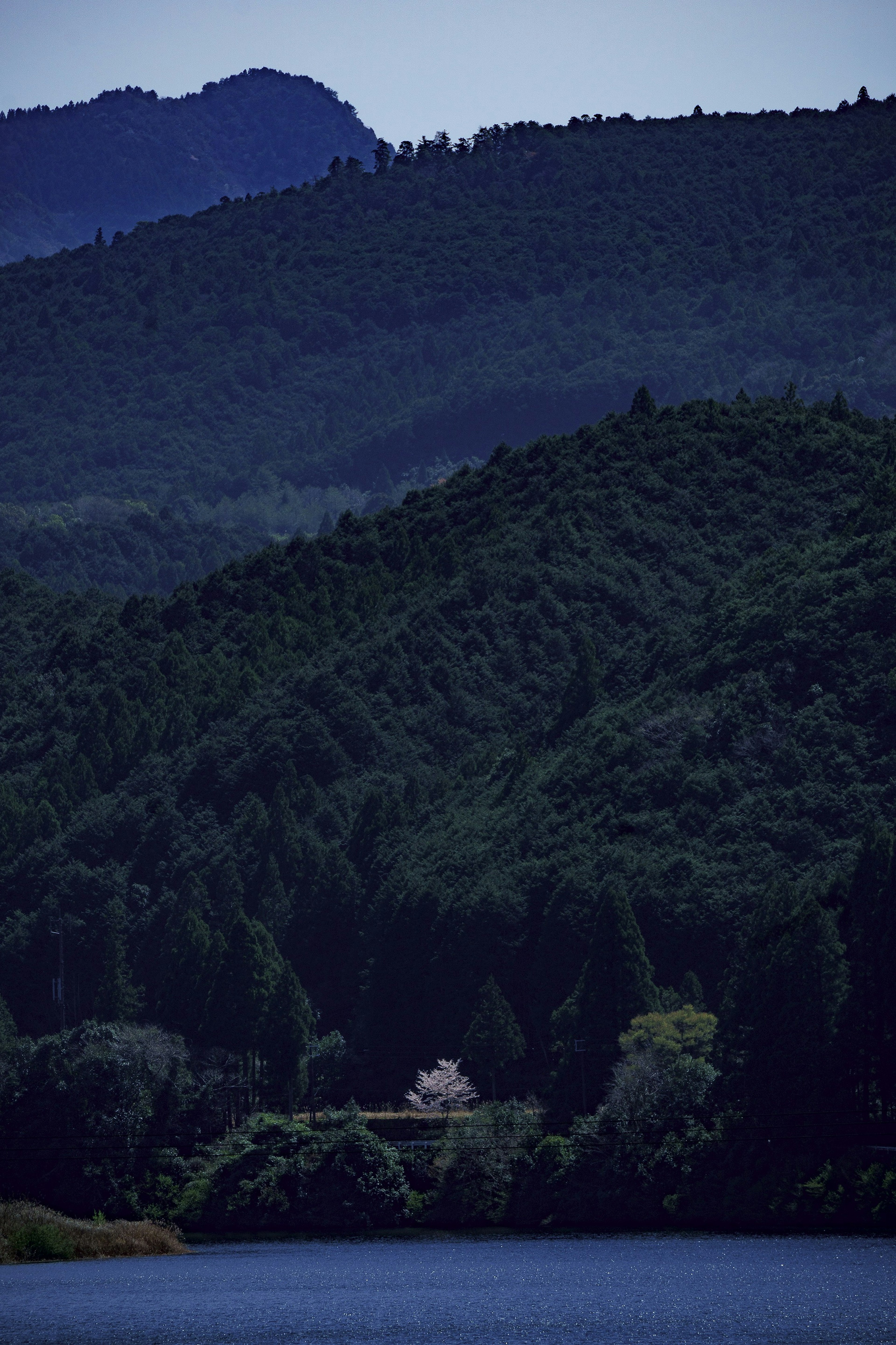 山々に囲まれた湖のほとりにある白い家