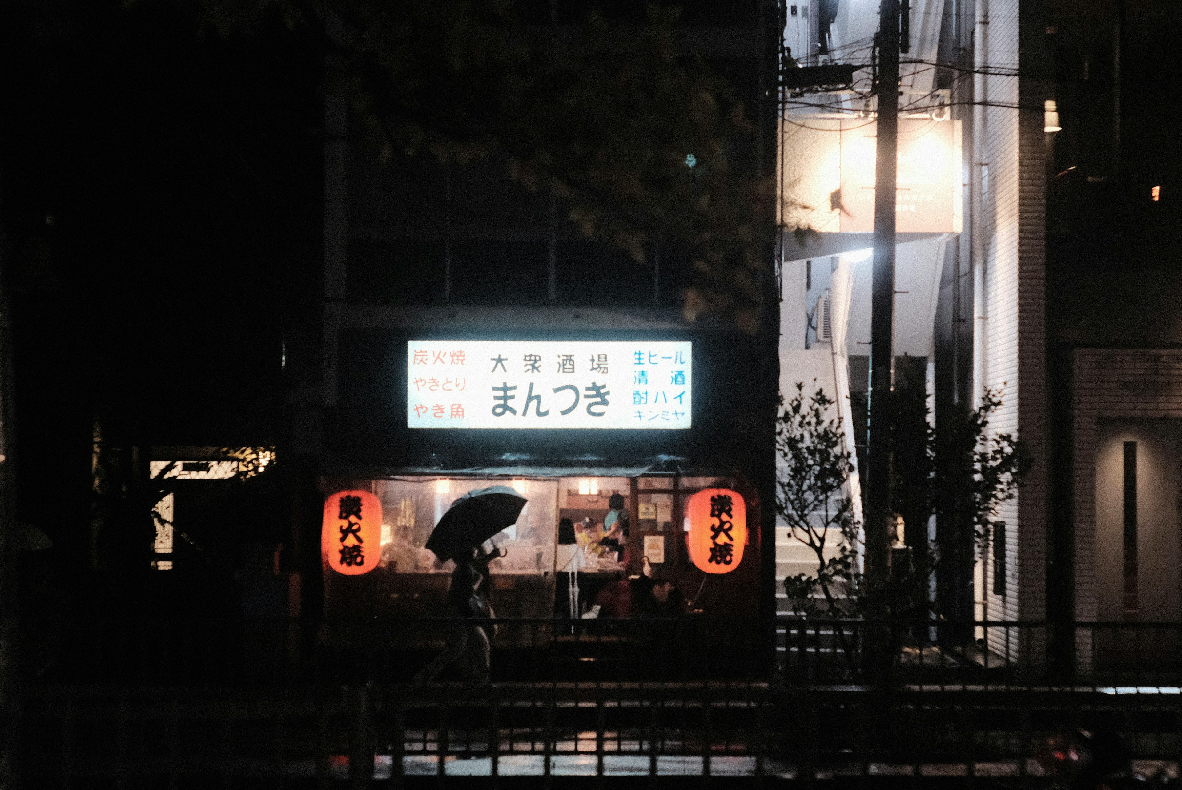 夜の街にある日本の飲食店の看板と照明