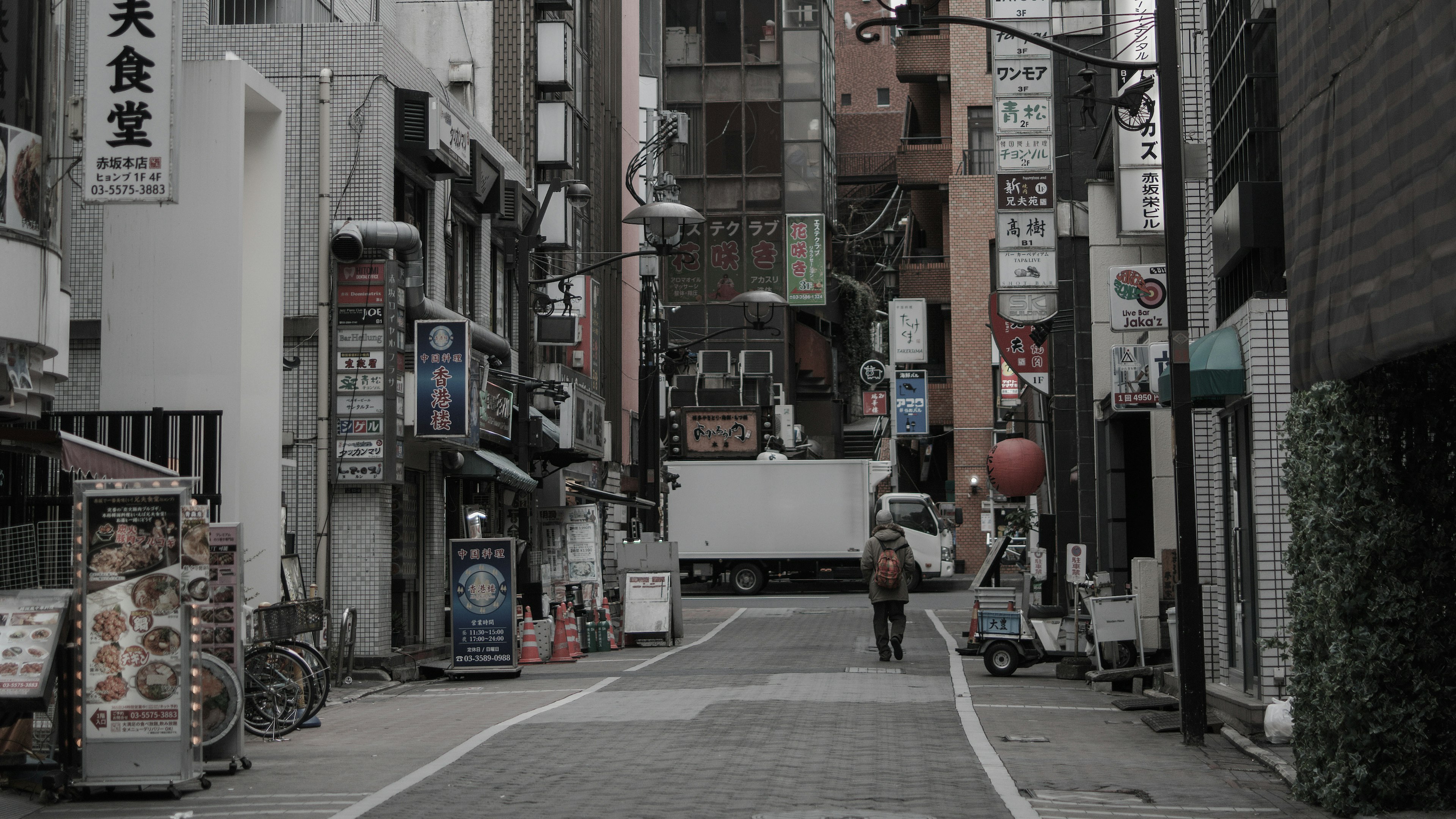 Calle estrecha en una ciudad japonesa con una persona caminando y letreros de restaurantes