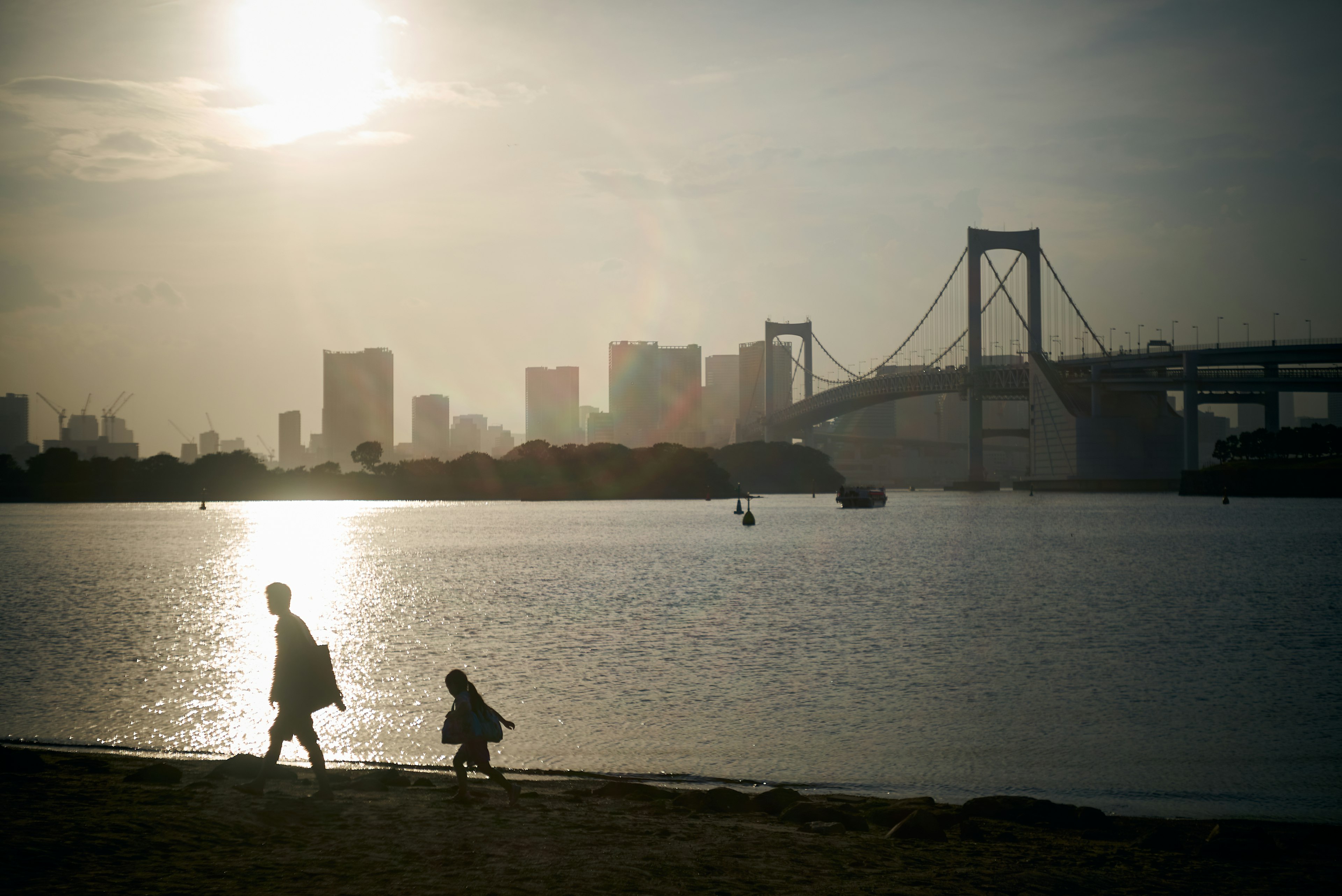 Silhouette di un genitore e di un bambino che camminano lungo il fiume al tramonto