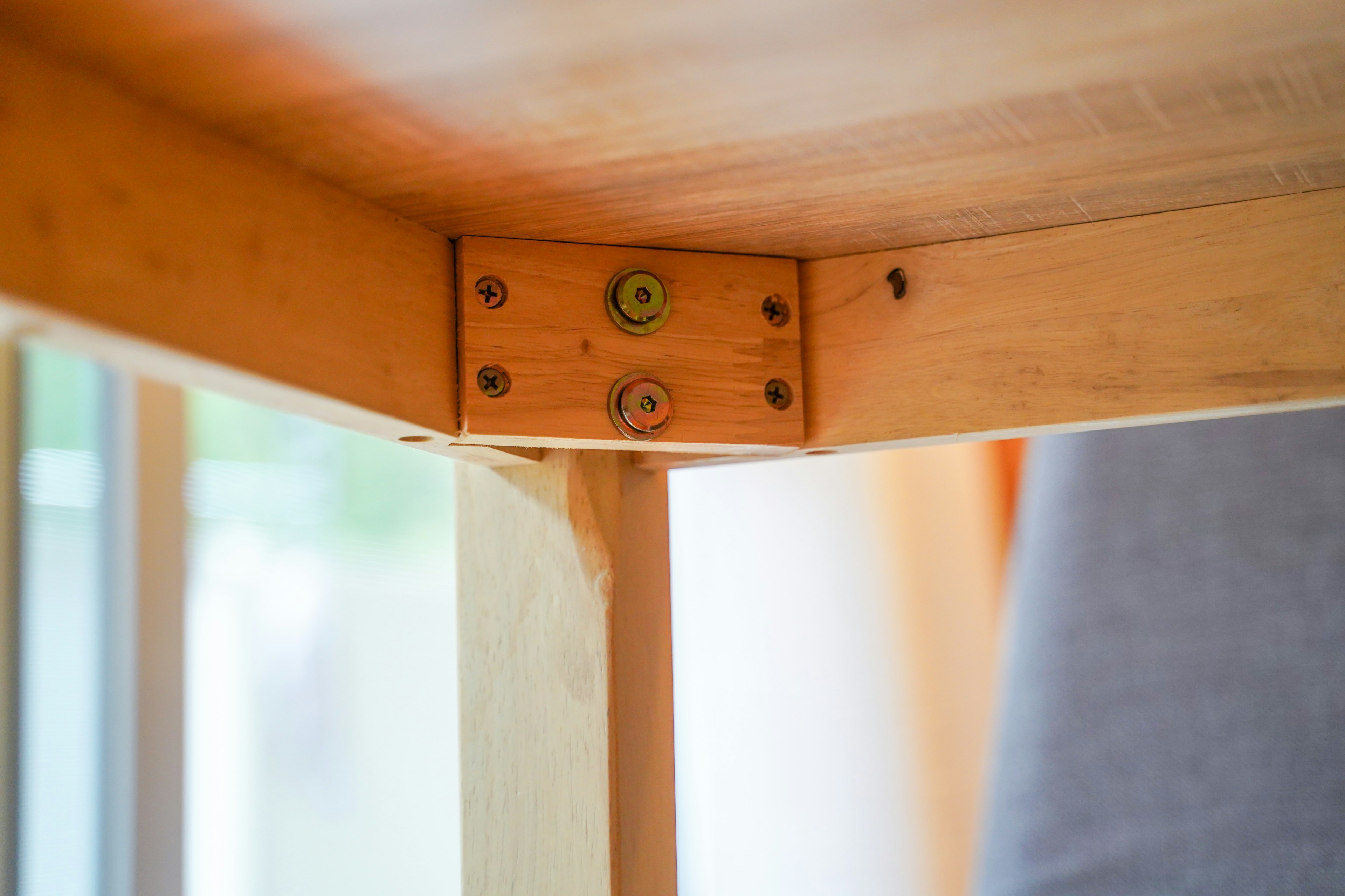 Close-up of a wooden table corner joint