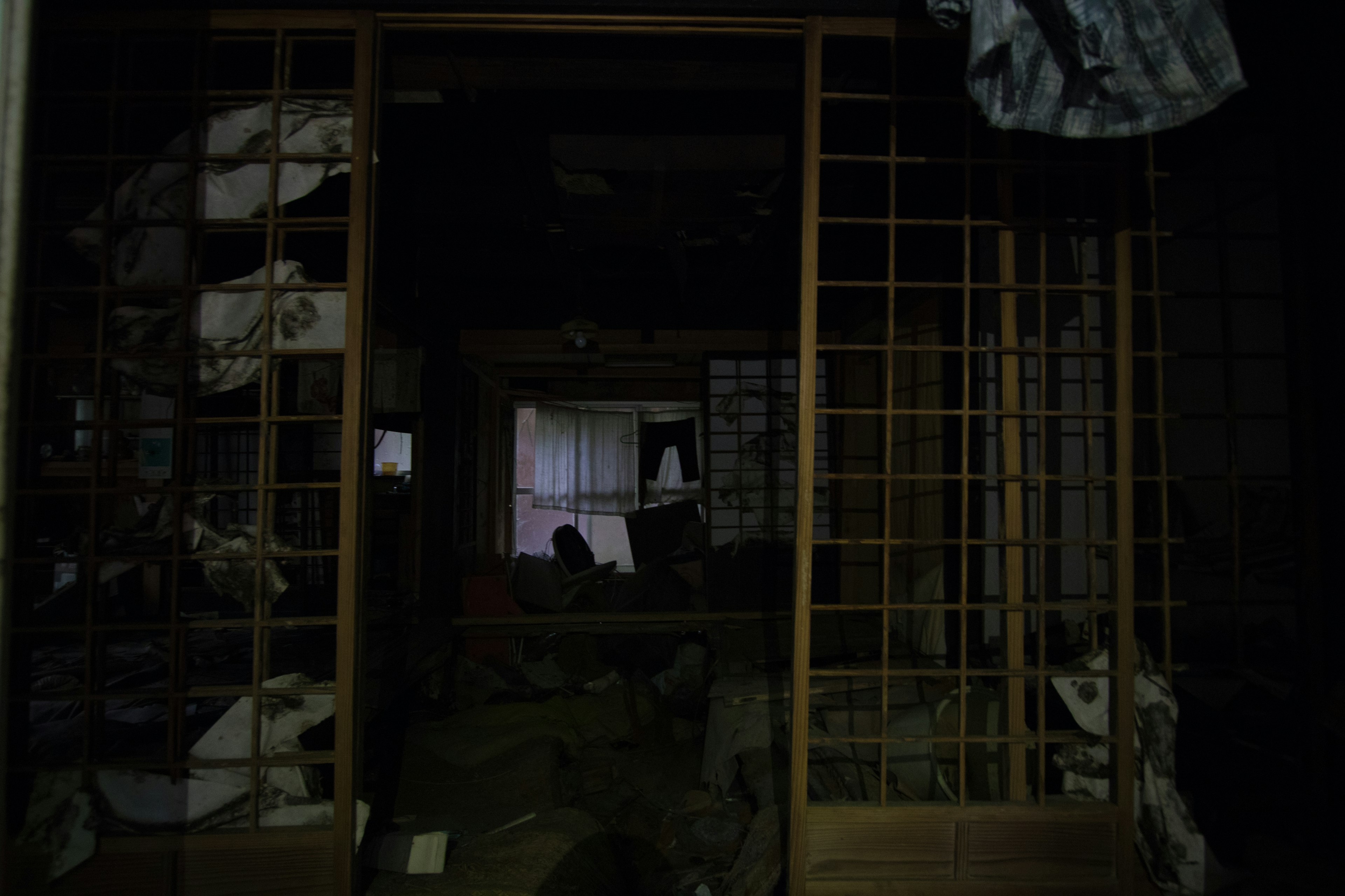 A dimly lit hallway featuring traditional Japanese shoji screens