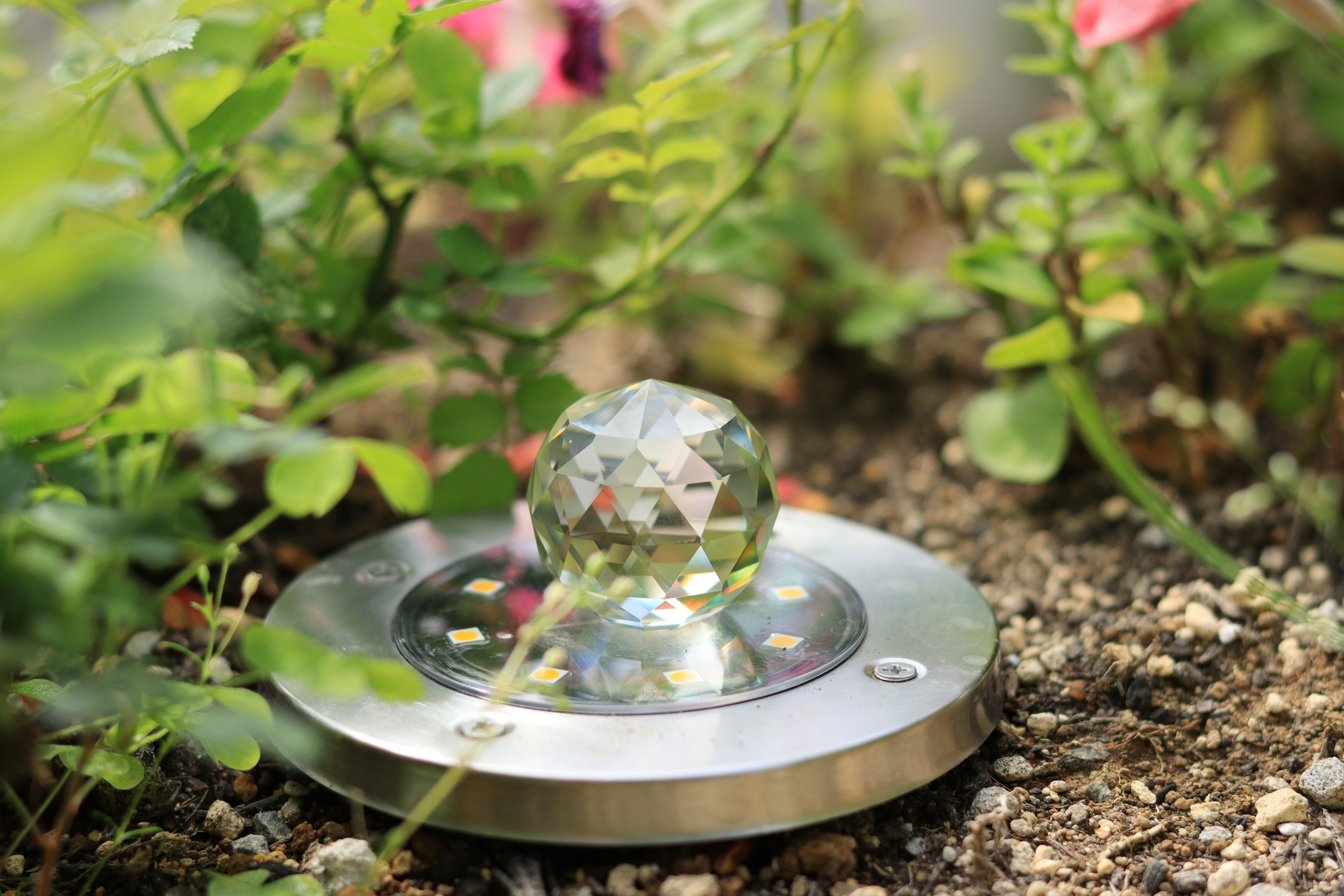 Orbe de cristal sobre una base metálica rodeado de vegetación y flores