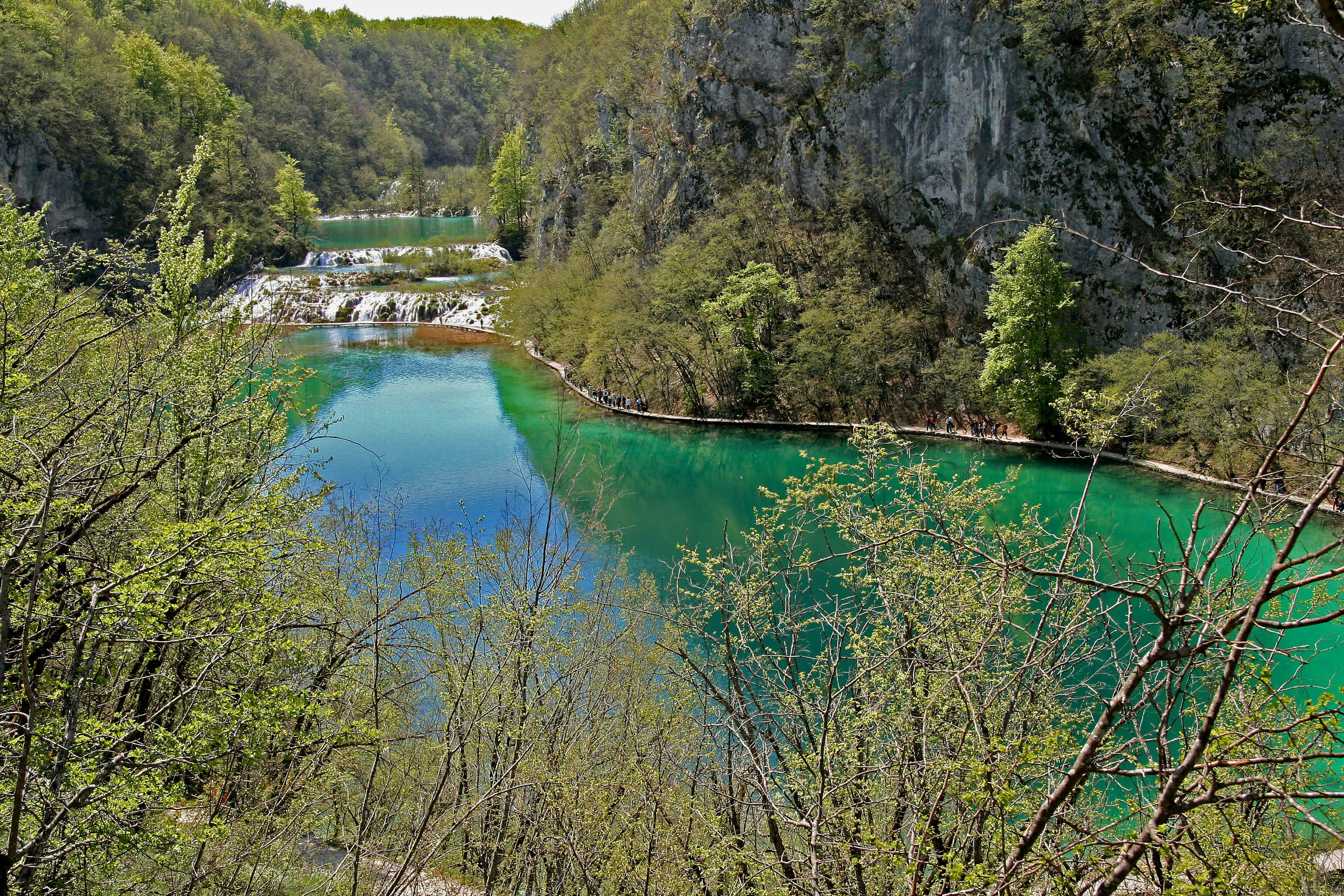 Malersicher Blick auf einen Fluss, umgeben von üppigen grünen Bäumen und lebhaftem türkisfarbenem Wasser