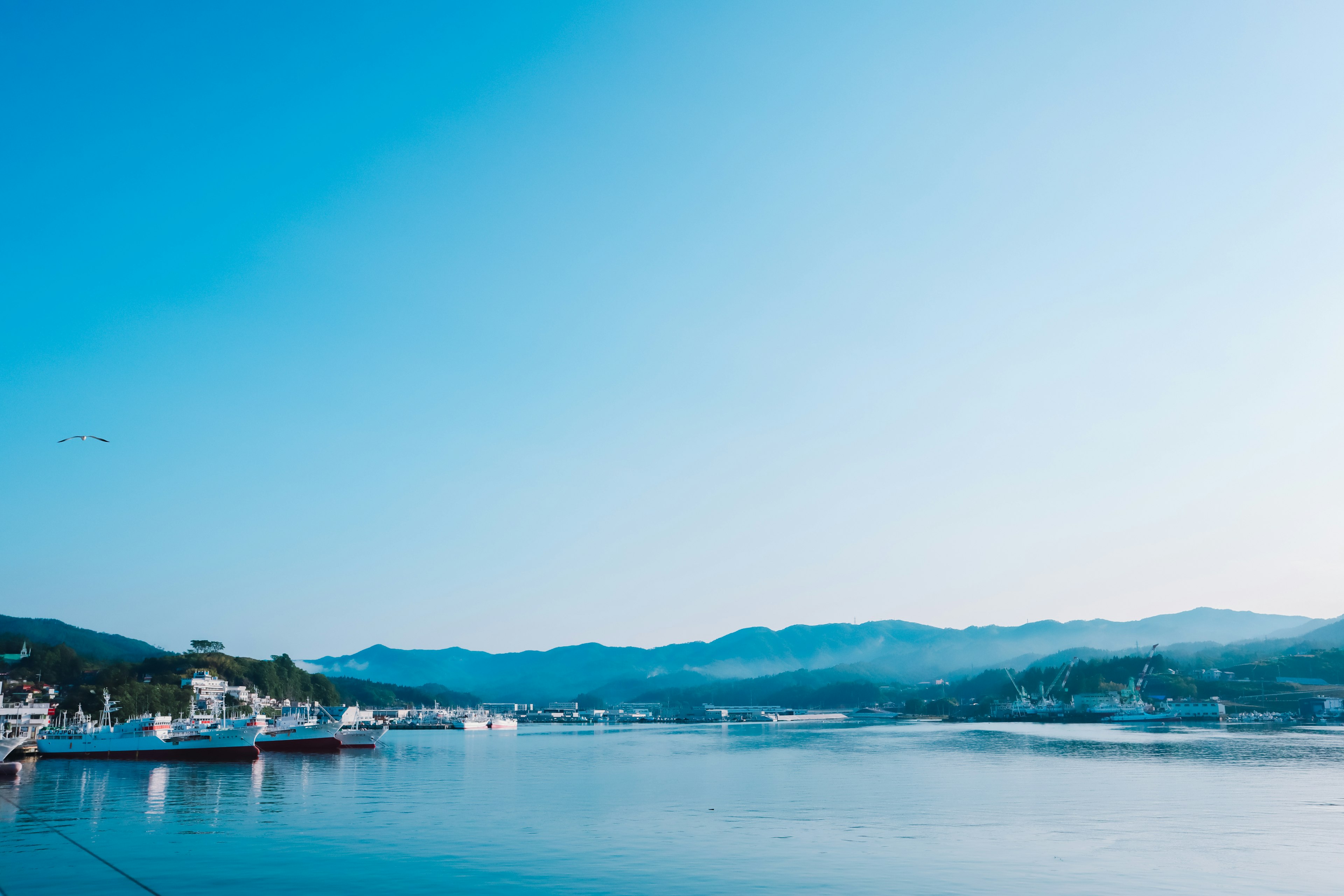 Paisaje marino sereno con cielo azul y barcos atracados