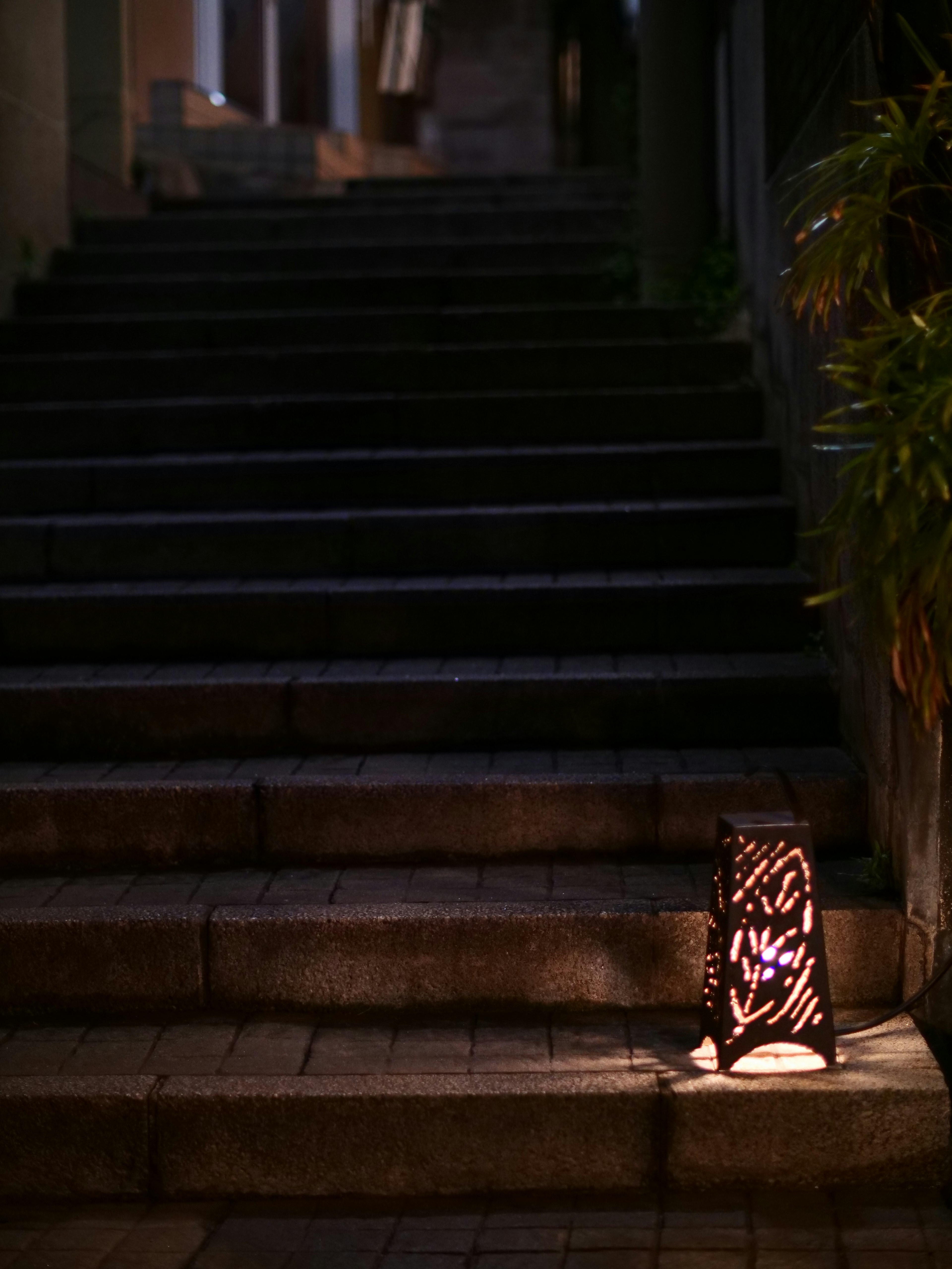 A lantern illuminating a stone staircase at night