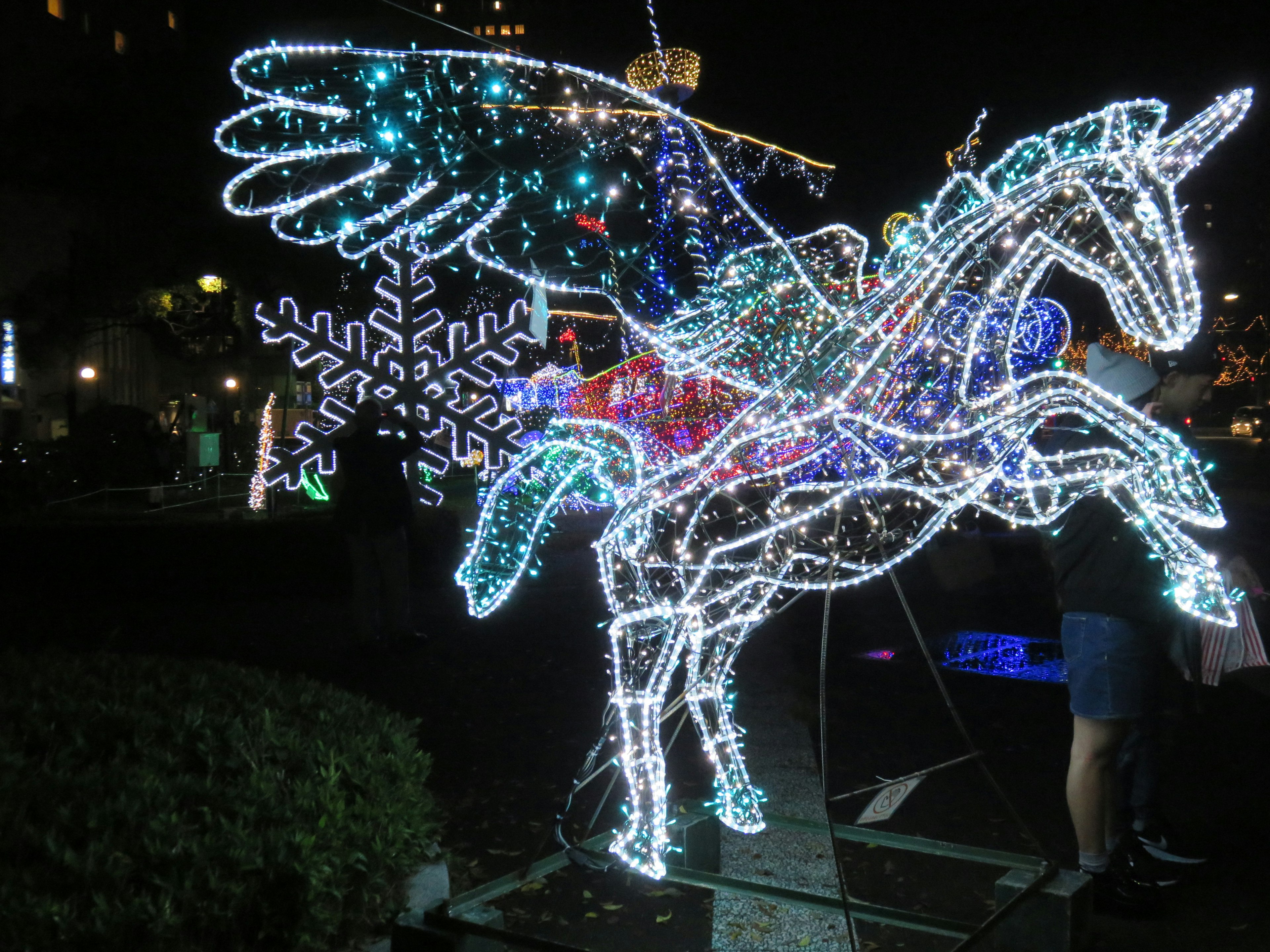 Illuminated winged unicorn display at night in a park