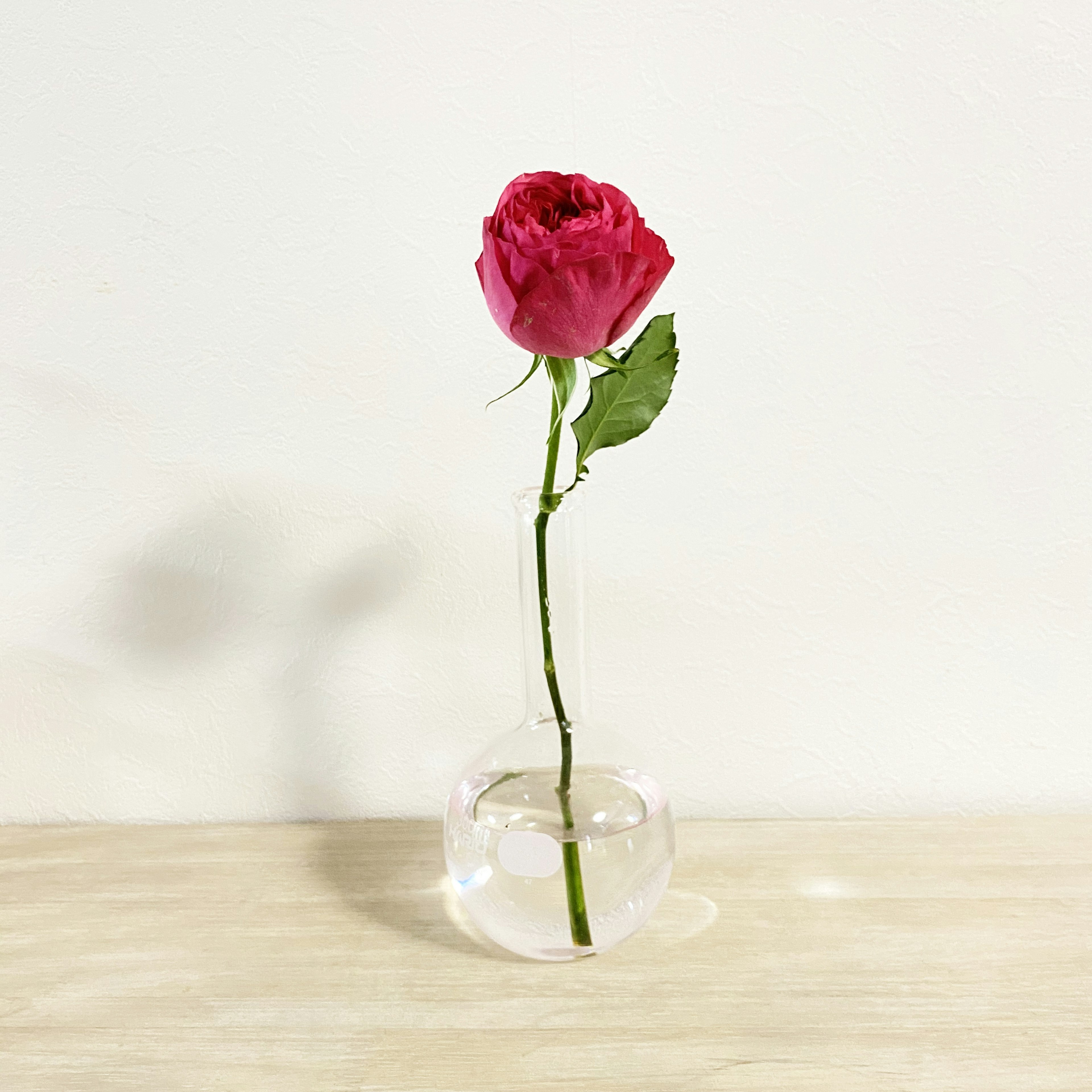 A single red rose in a clear vase standing on a wooden surface