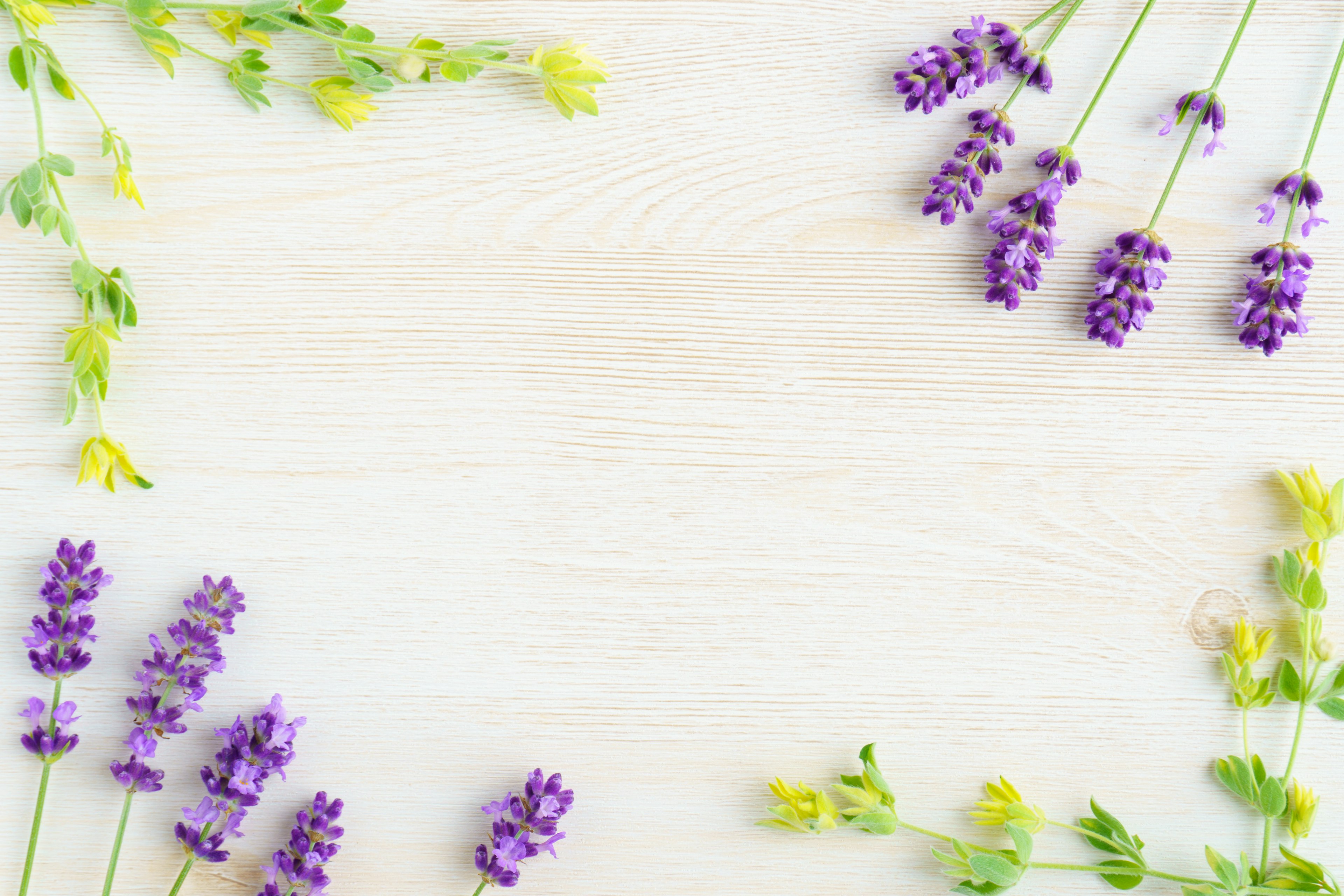 Flores de lavanda y amarillas dispuestas sobre una superficie de madera clara