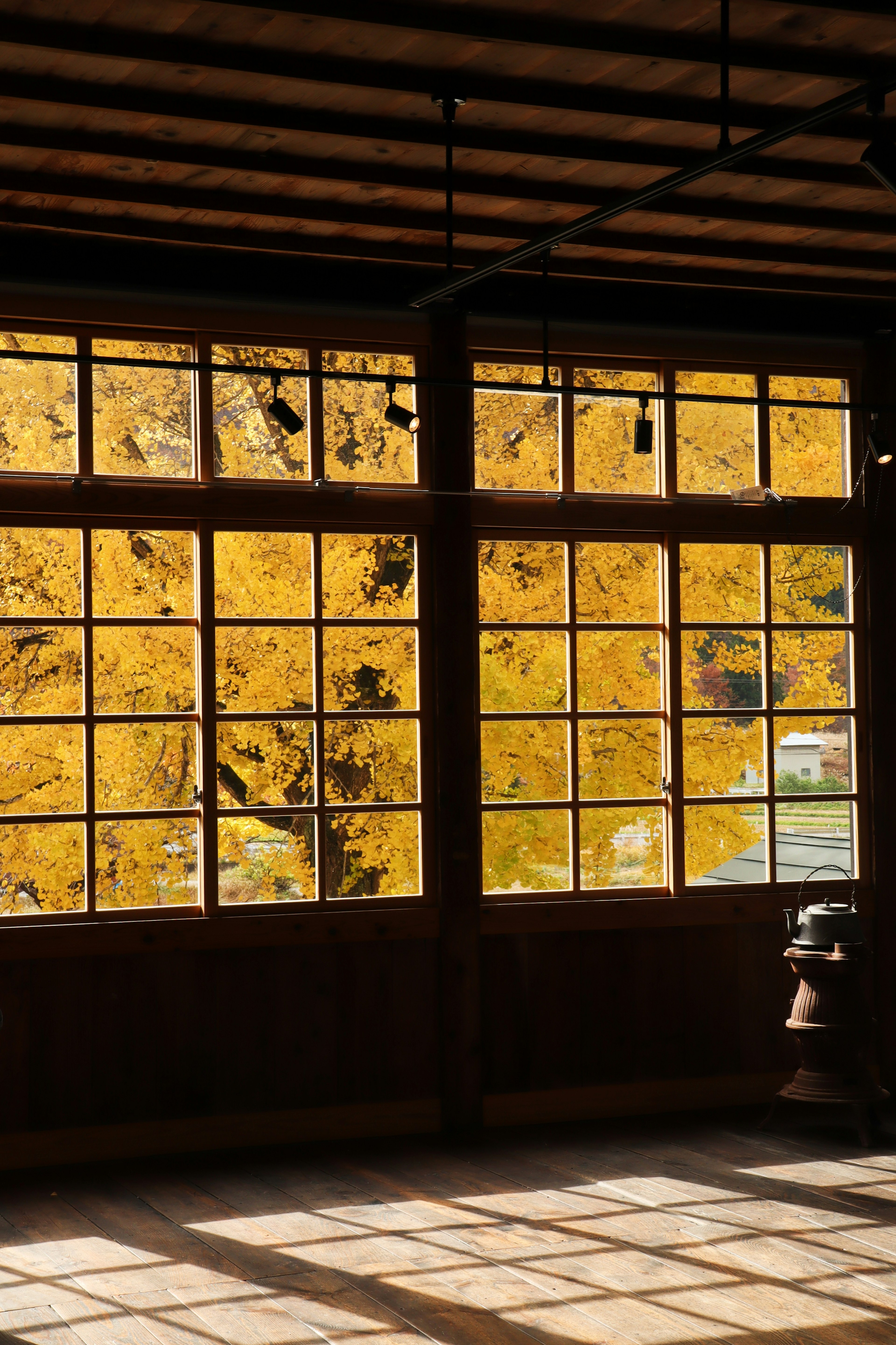 Interior de madera con grandes ventanales que muestran hojas de otoño amarillas vibrantes