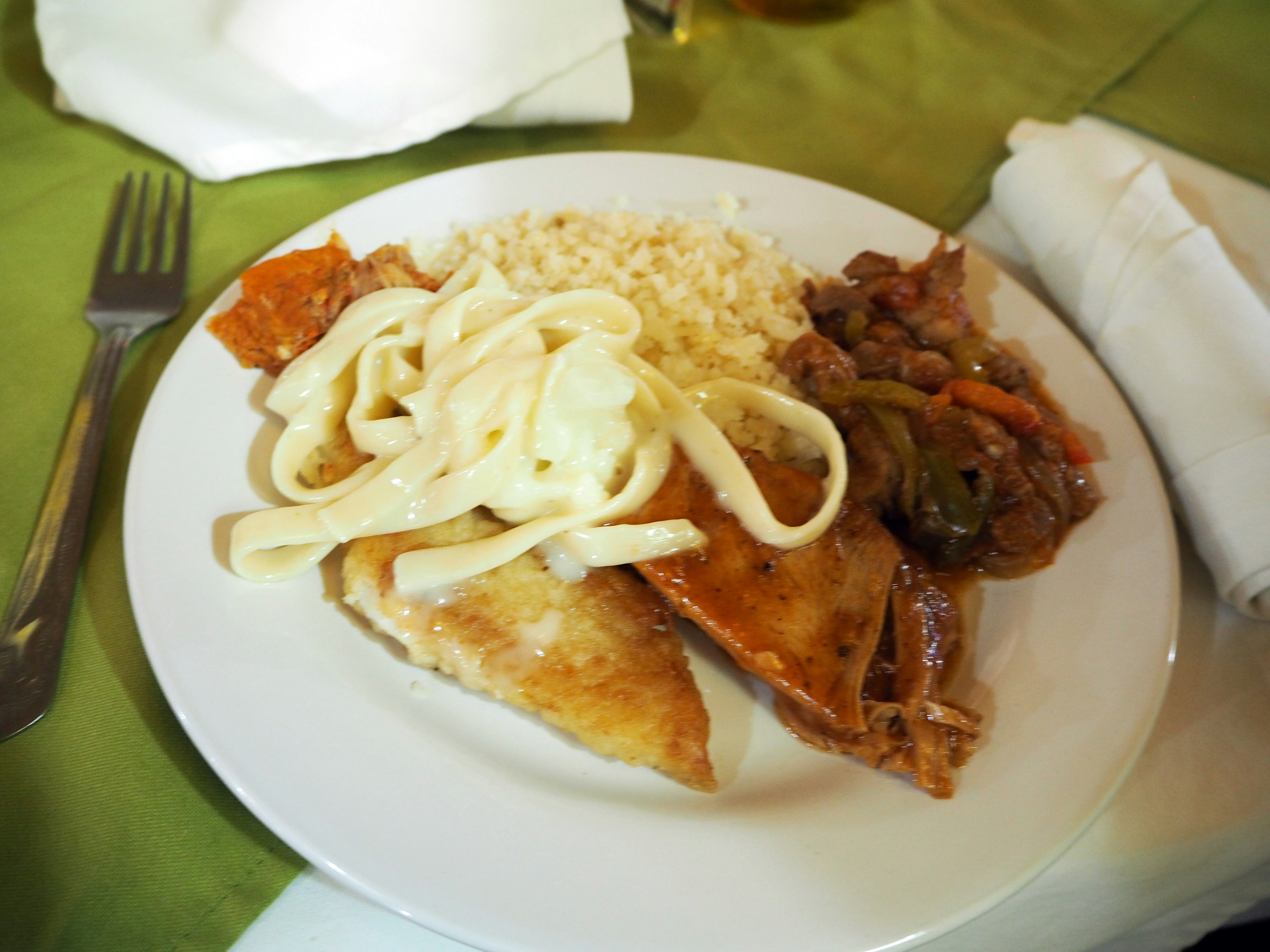 Un plato de pollo con pasta arroz y guiso de verduras