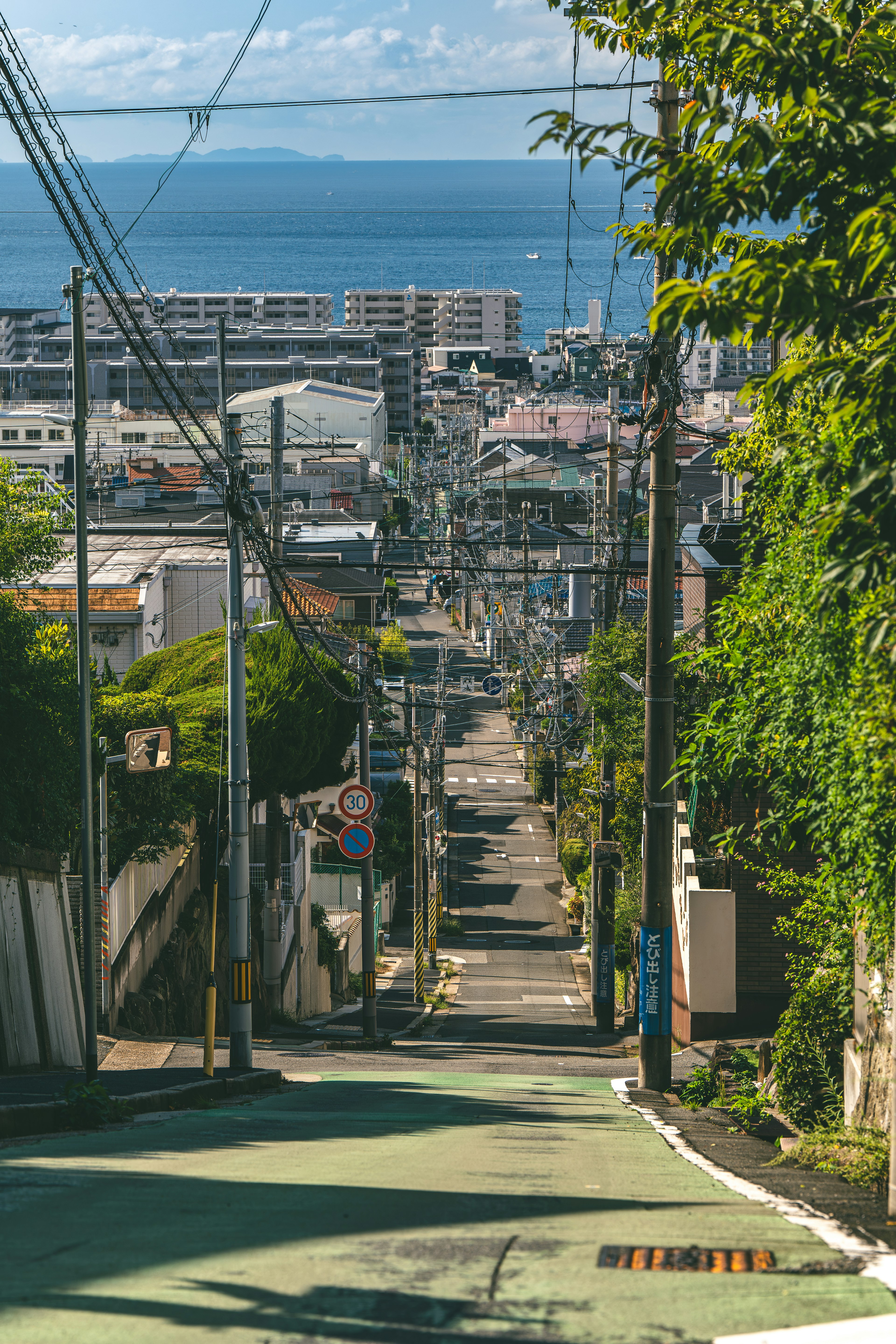 A scenic view of a sloping street overlooking the sea lined with lush greenery and power poles