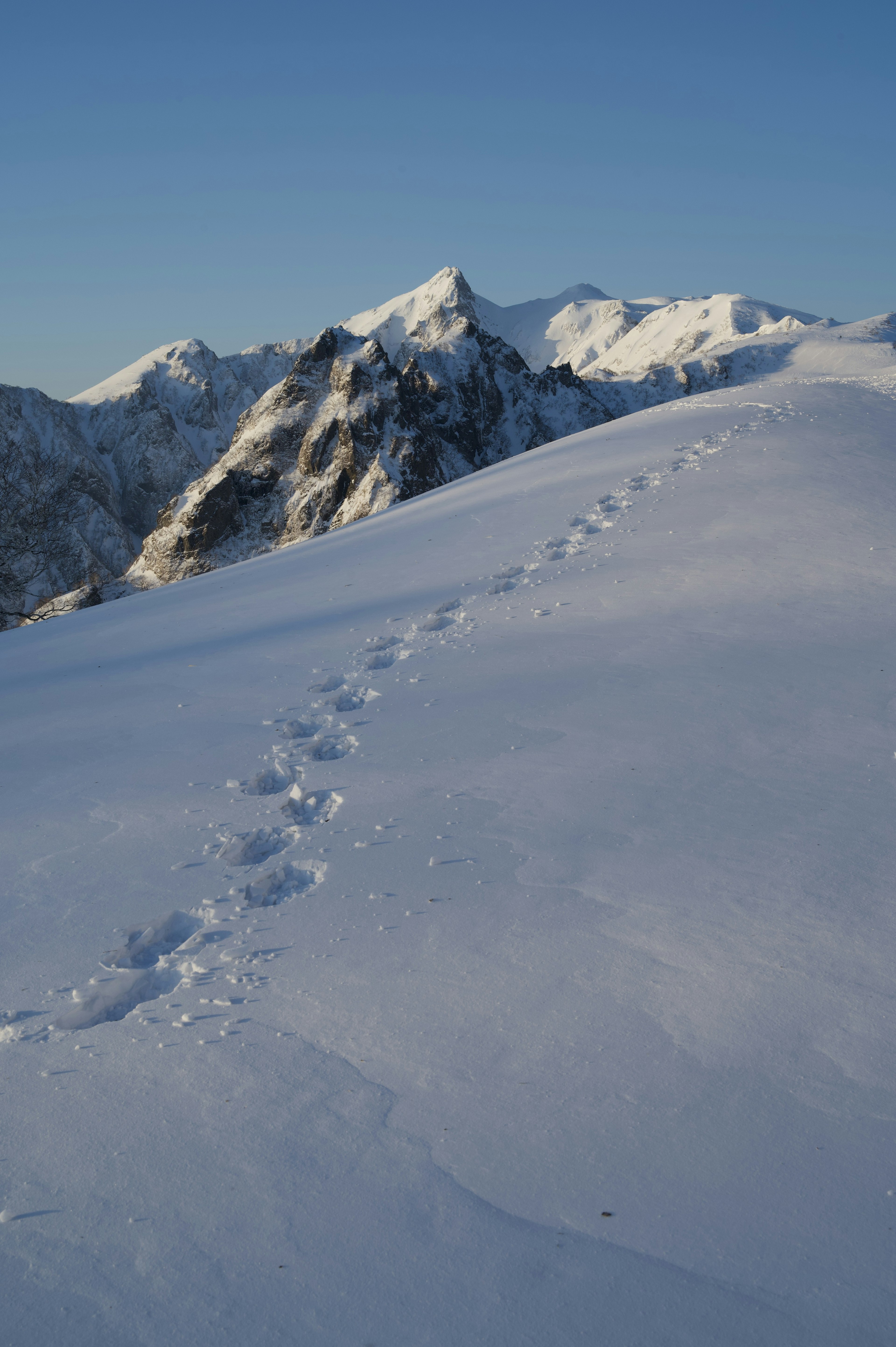 Footprints in the snow on a mountain peak under a clear blue sky