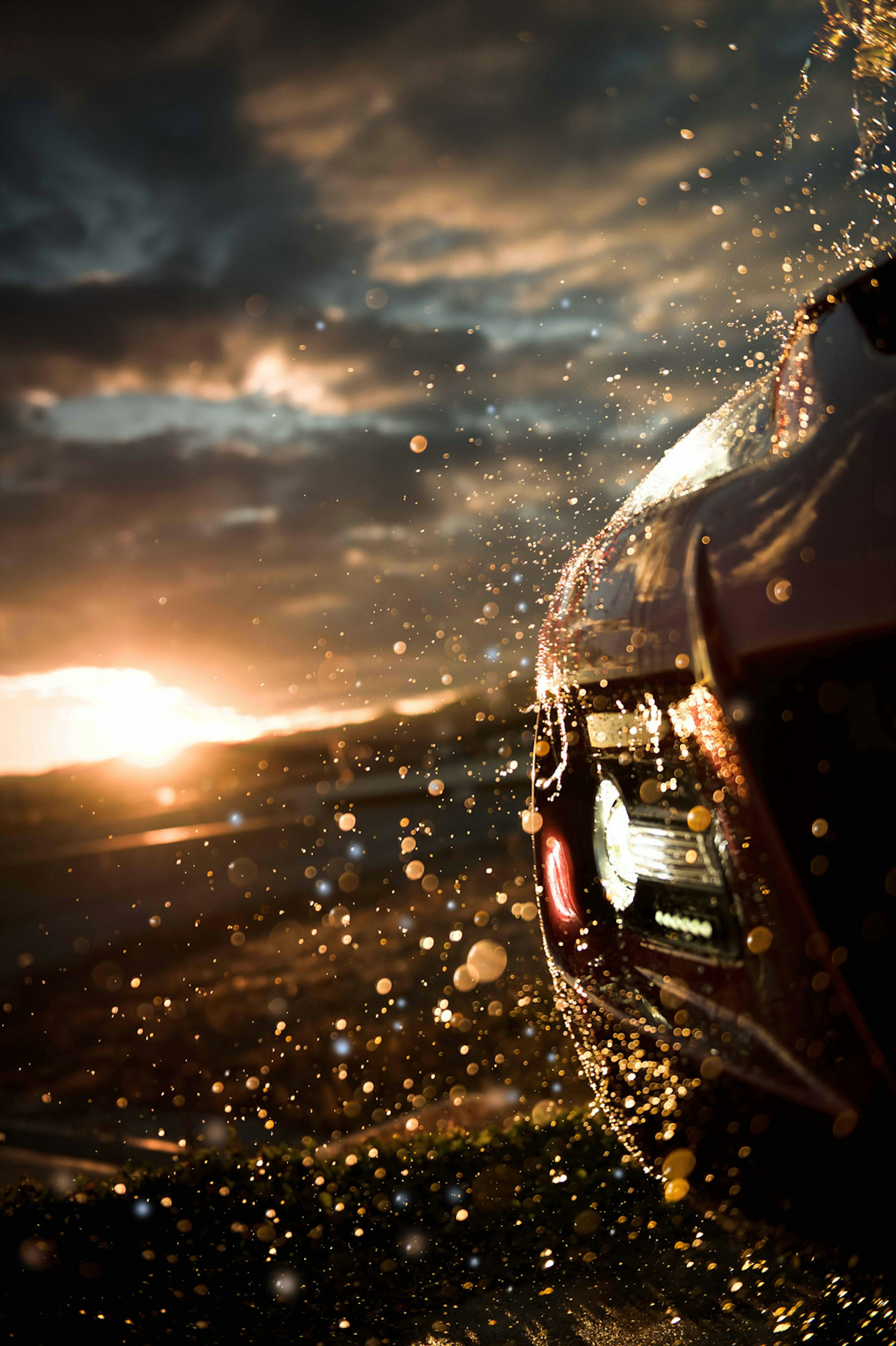 Voiture éclaboussant de l'eau au coucher du soleil avec des nuages dramatiques