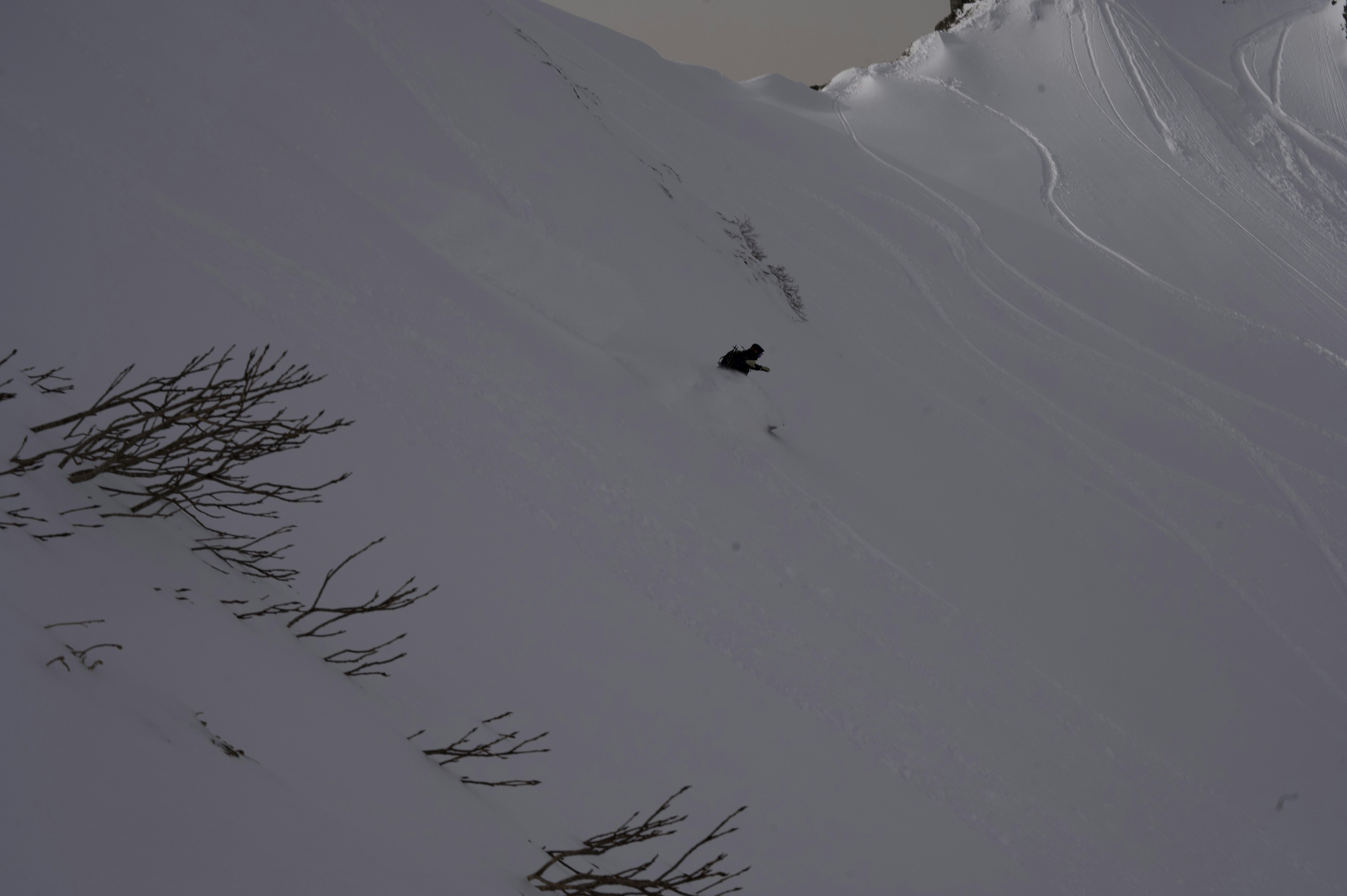 Siluet seorang snowboarder menuruni lereng bersalju