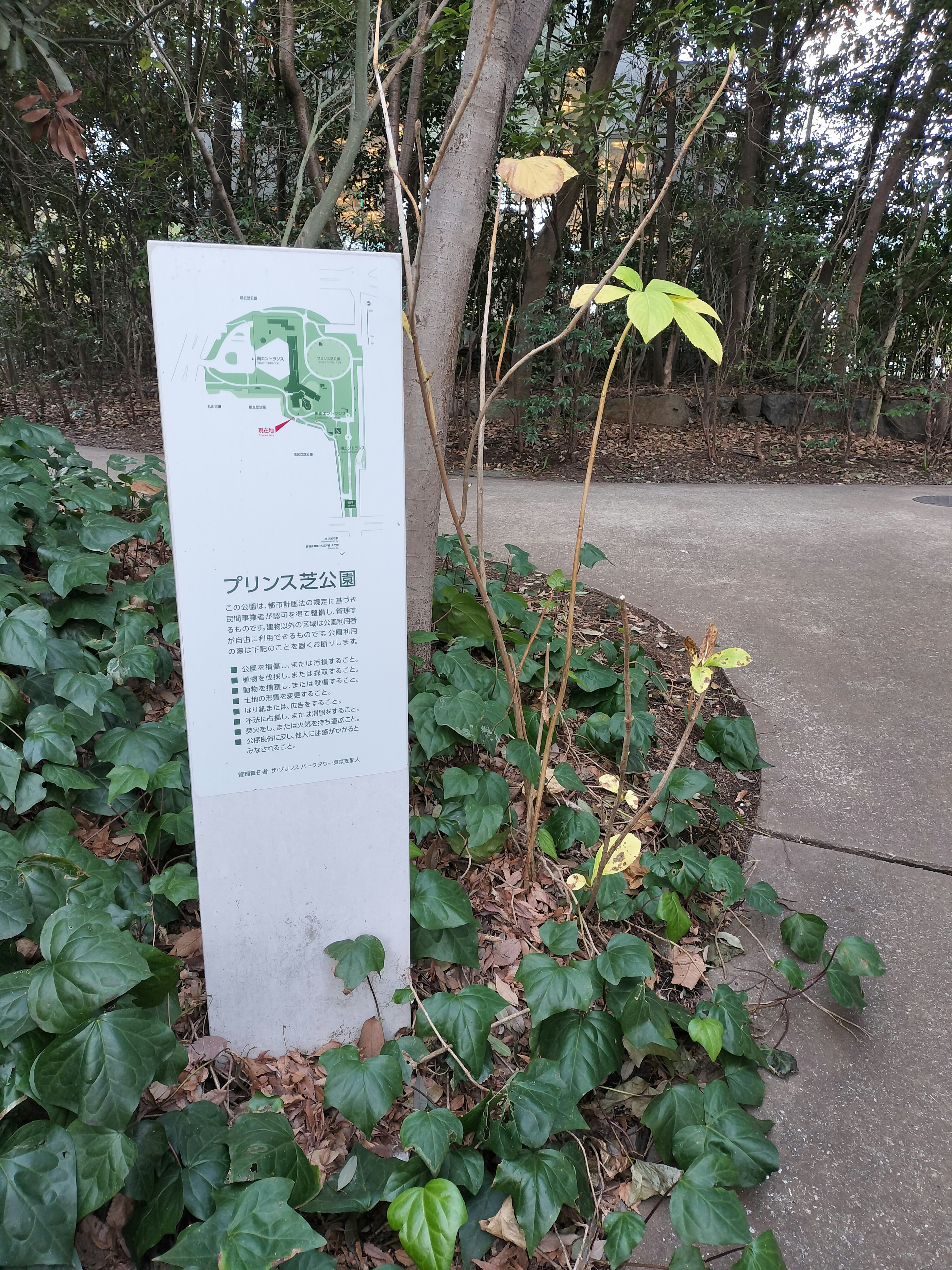 Park information sign with green plants in the foreground