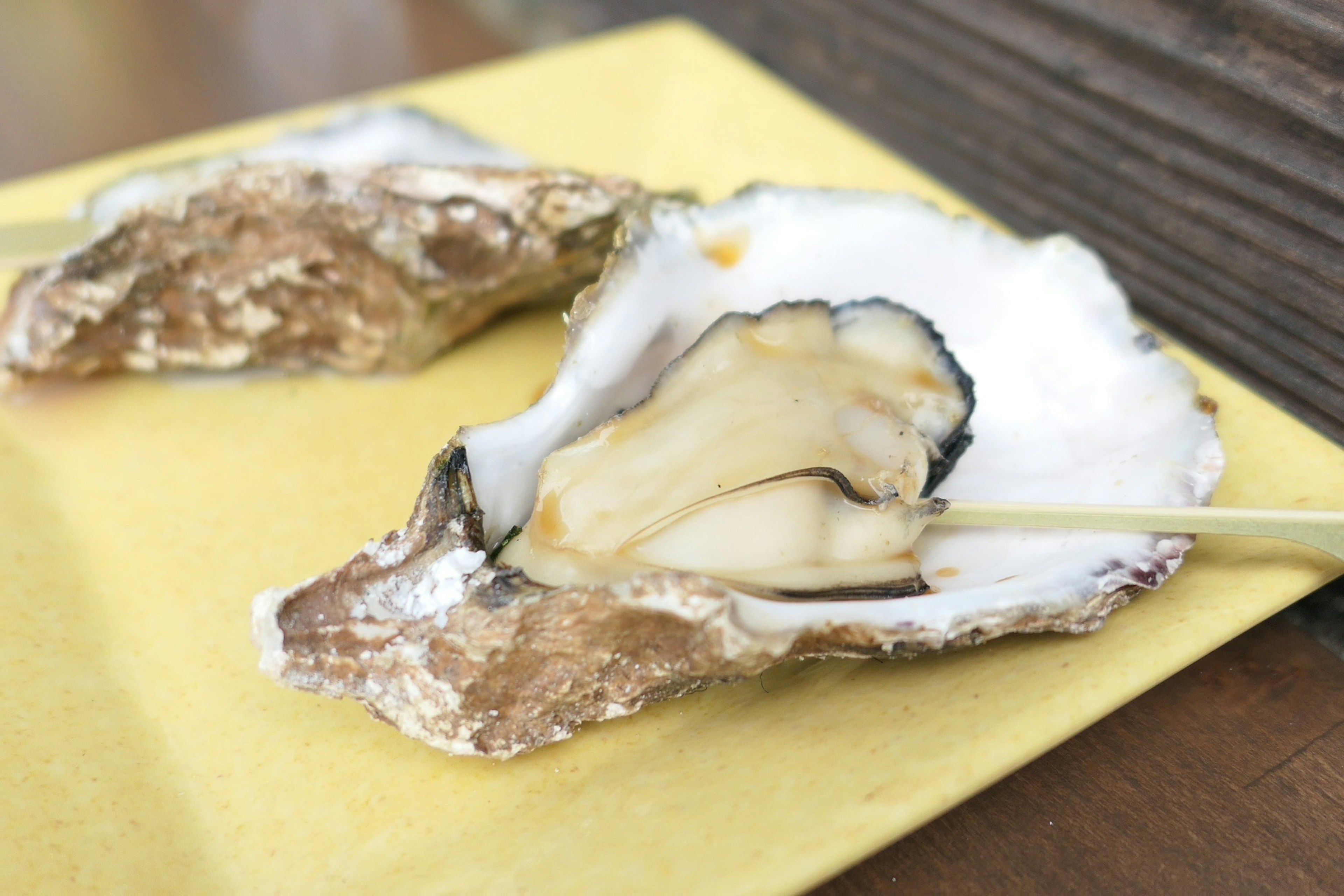 Fresh oyster placed on a yellow plate