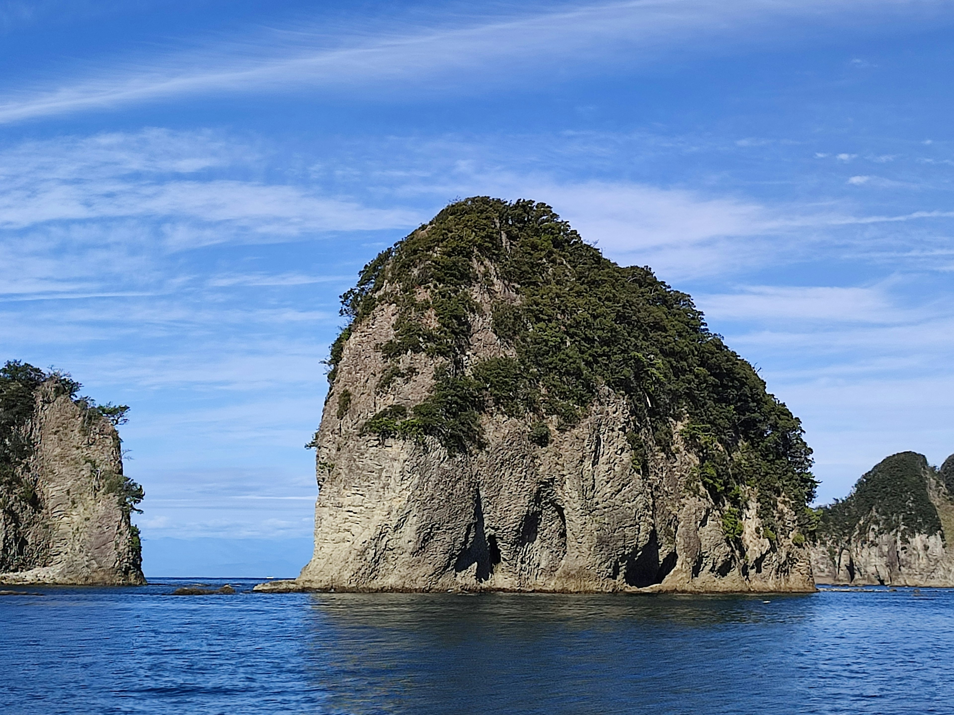 Scenic view of a lush green rocky island in the ocean