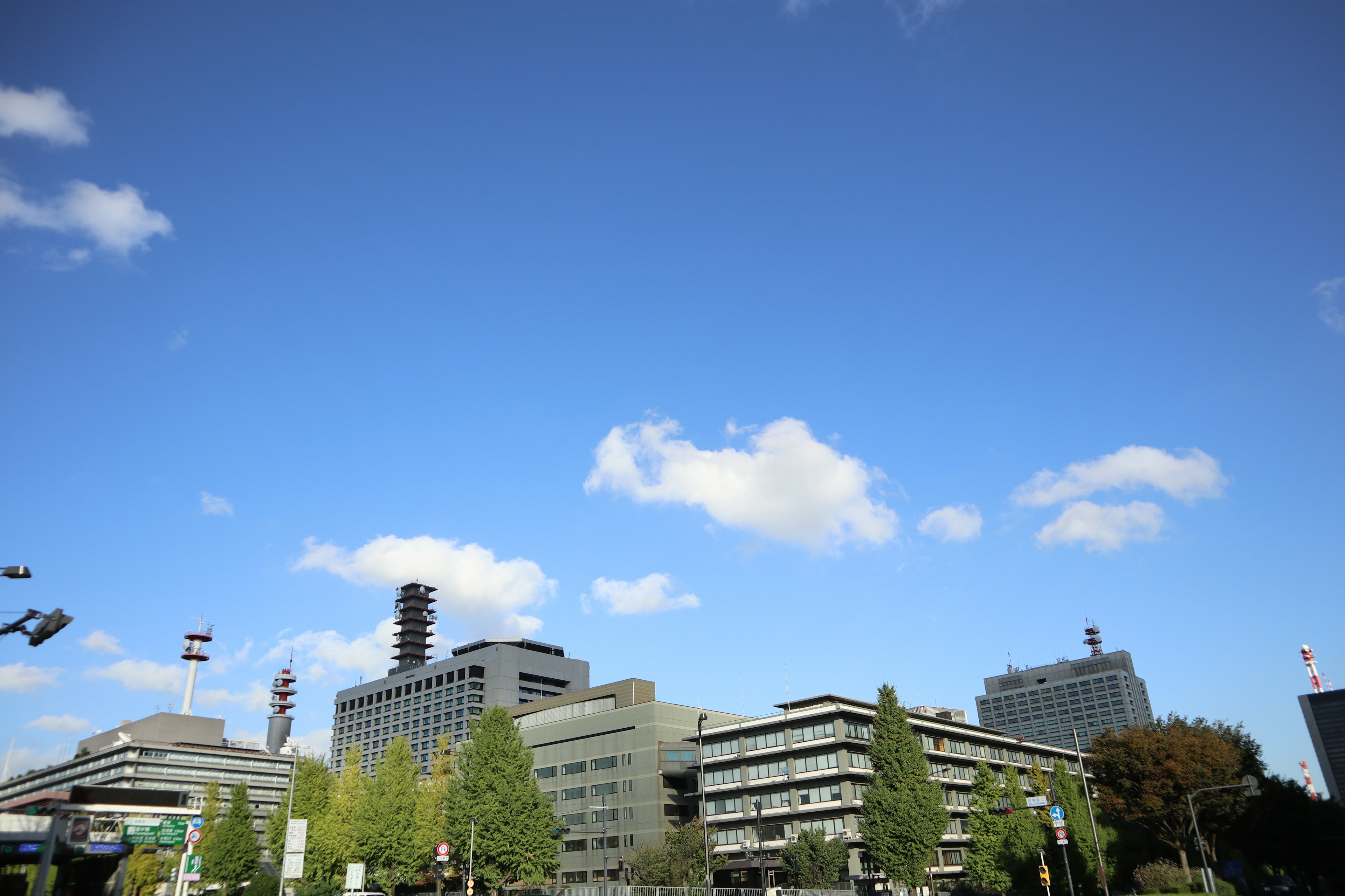 青空の下にある近代的な建物と緑の木々