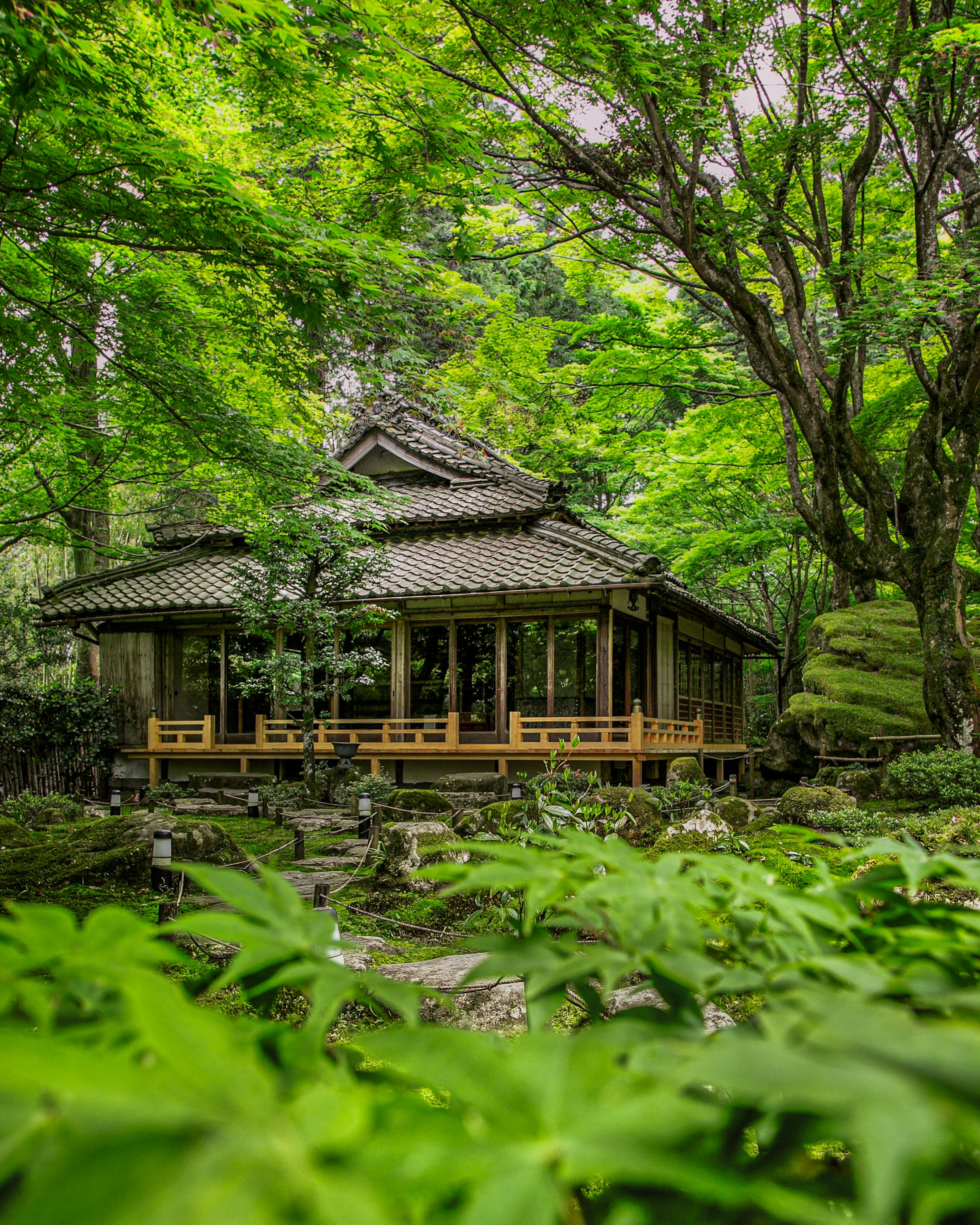 緑豊かな庭園に囲まれた伝統的な日本の建物