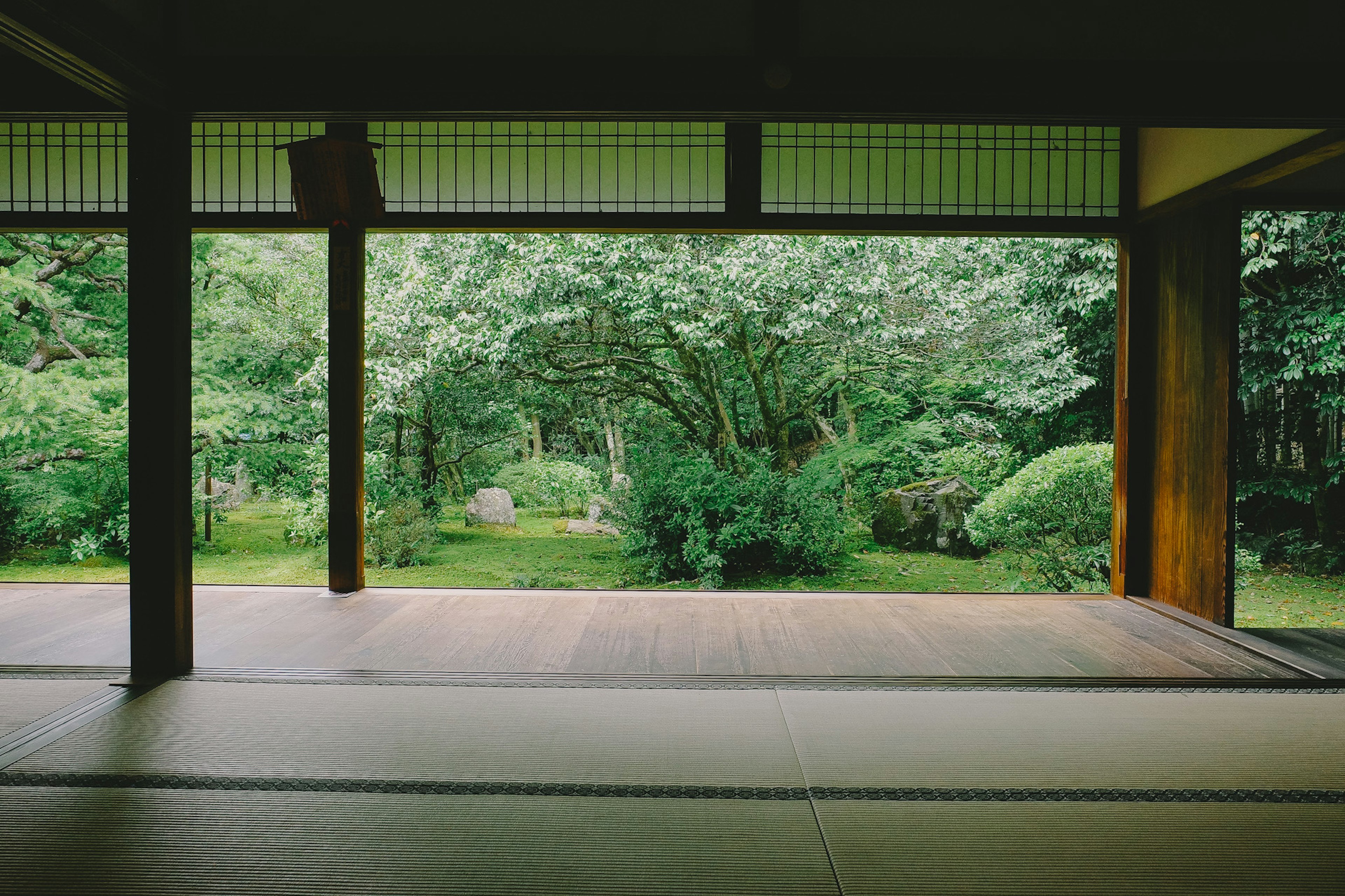 Pemandangan interior dari ruangan Jepang tradisional yang menghadap ke taman yang rimbun