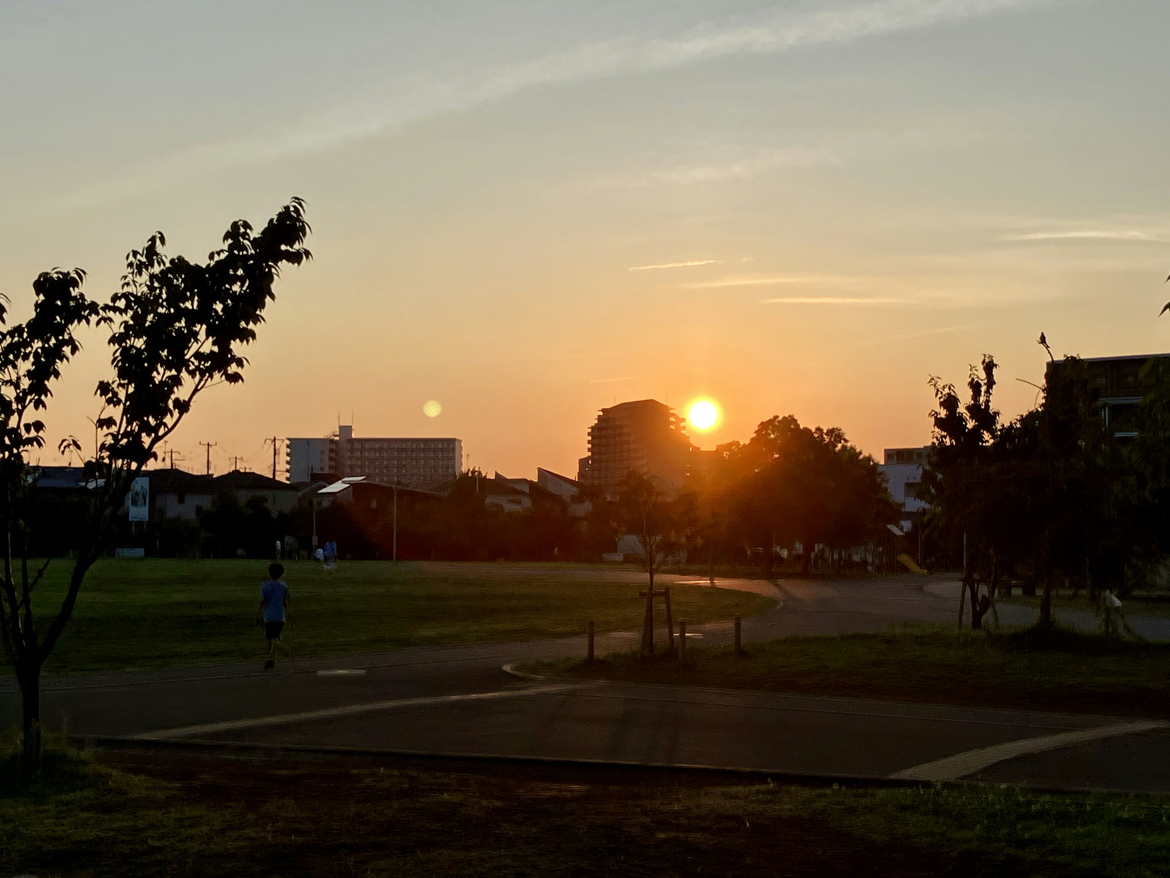 Atardecer sobre un parque con árboles y una persona caminando