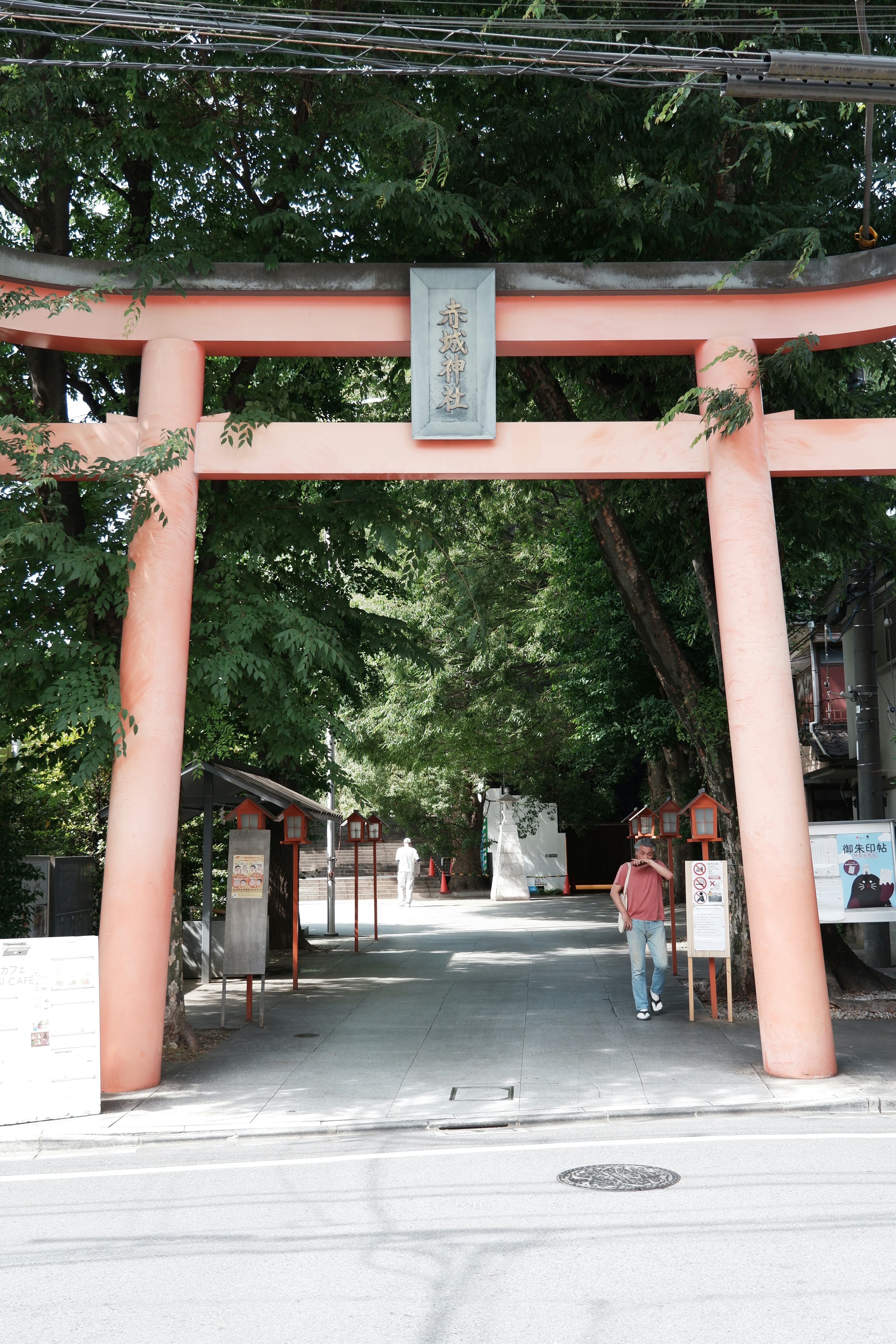 Entrée d'un sanctuaire avec un portail torii rouge entouré d'arbres verts luxuriants