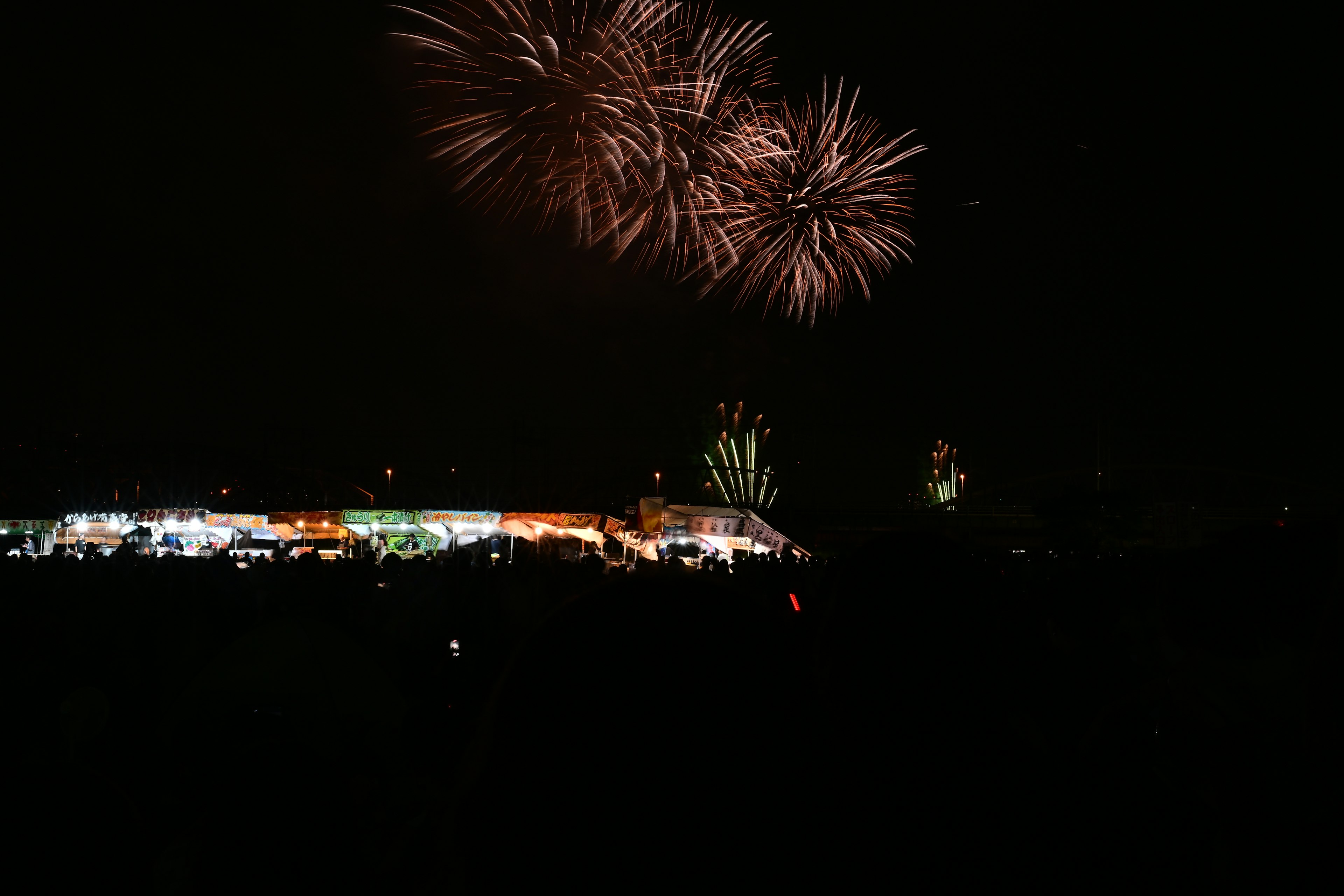 Fireworks display in the night sky with silhouettes of spectators