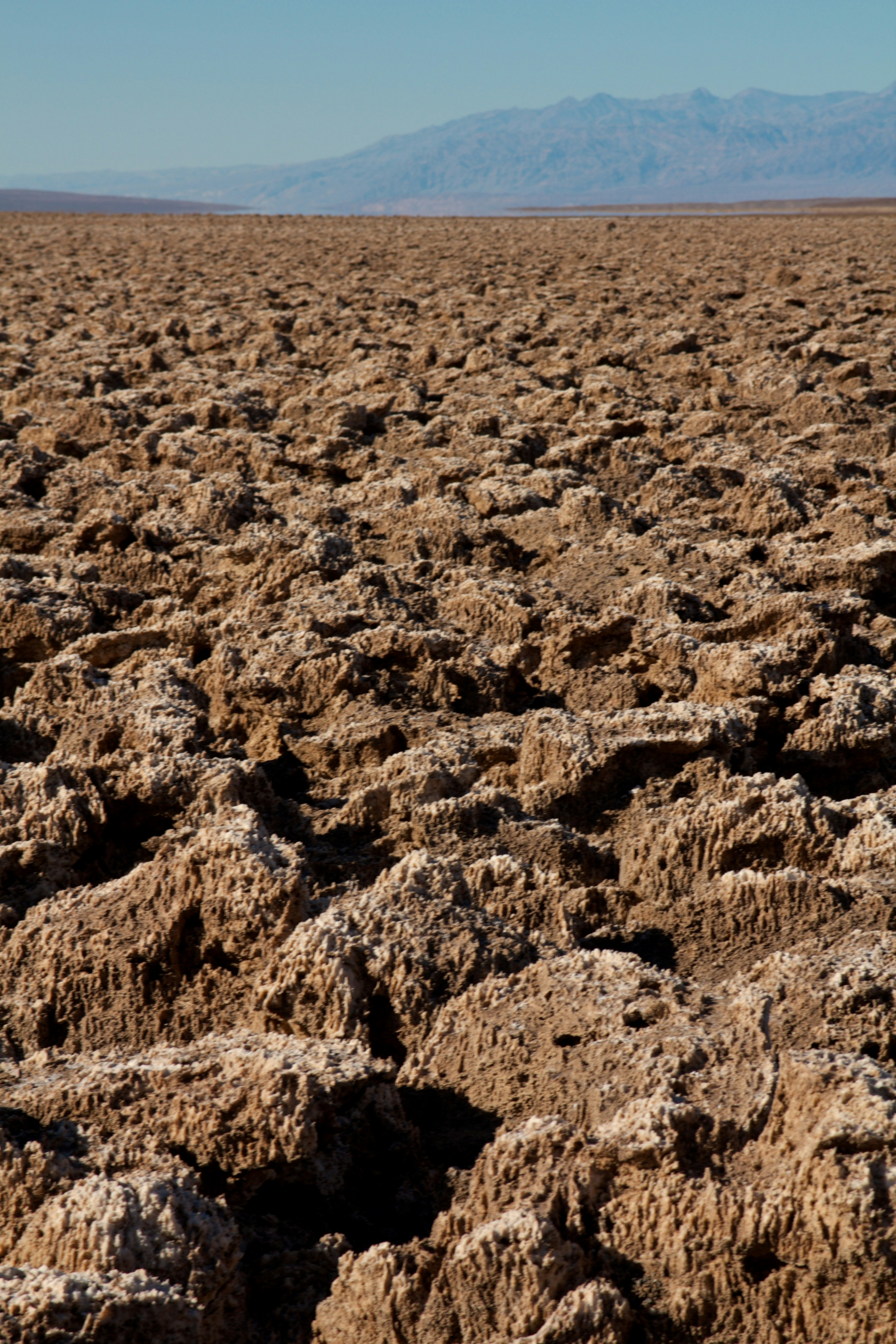 Cracked dry earth landscape with distant mountains