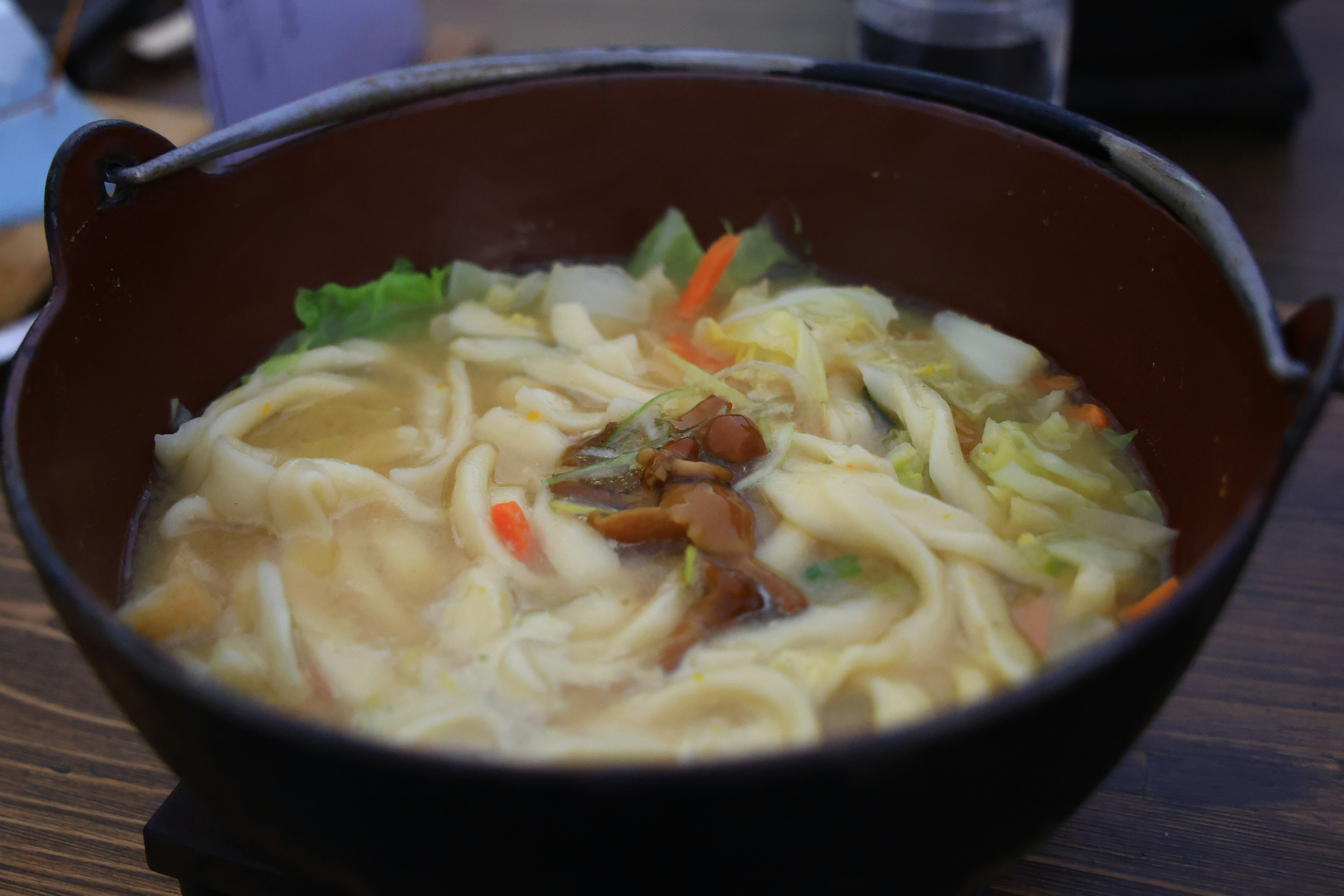 温かいスープに入ったうどんと野菜の料理