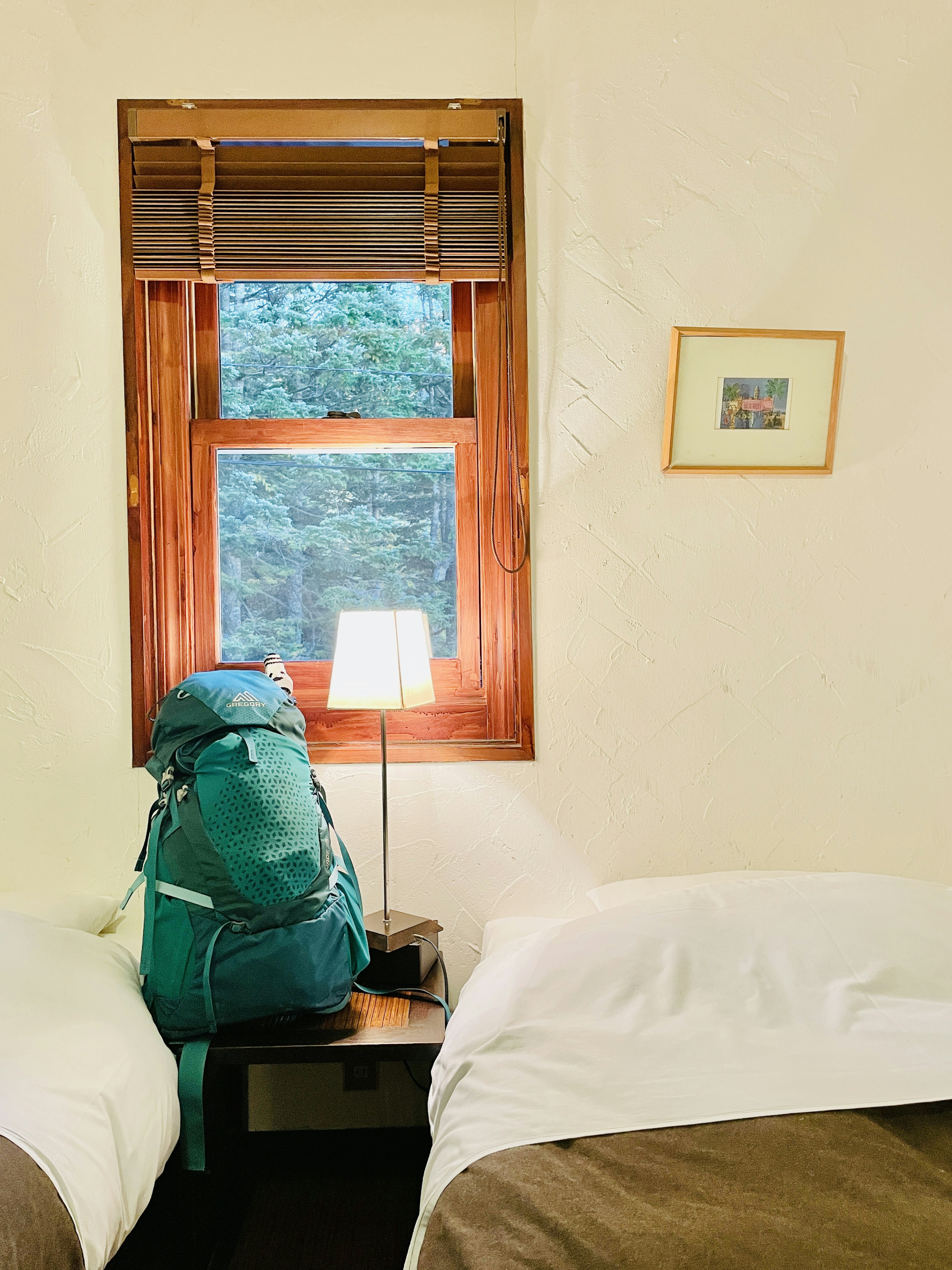 A green backpack placed between two beds in a room with natural light coming through the window and simple decor