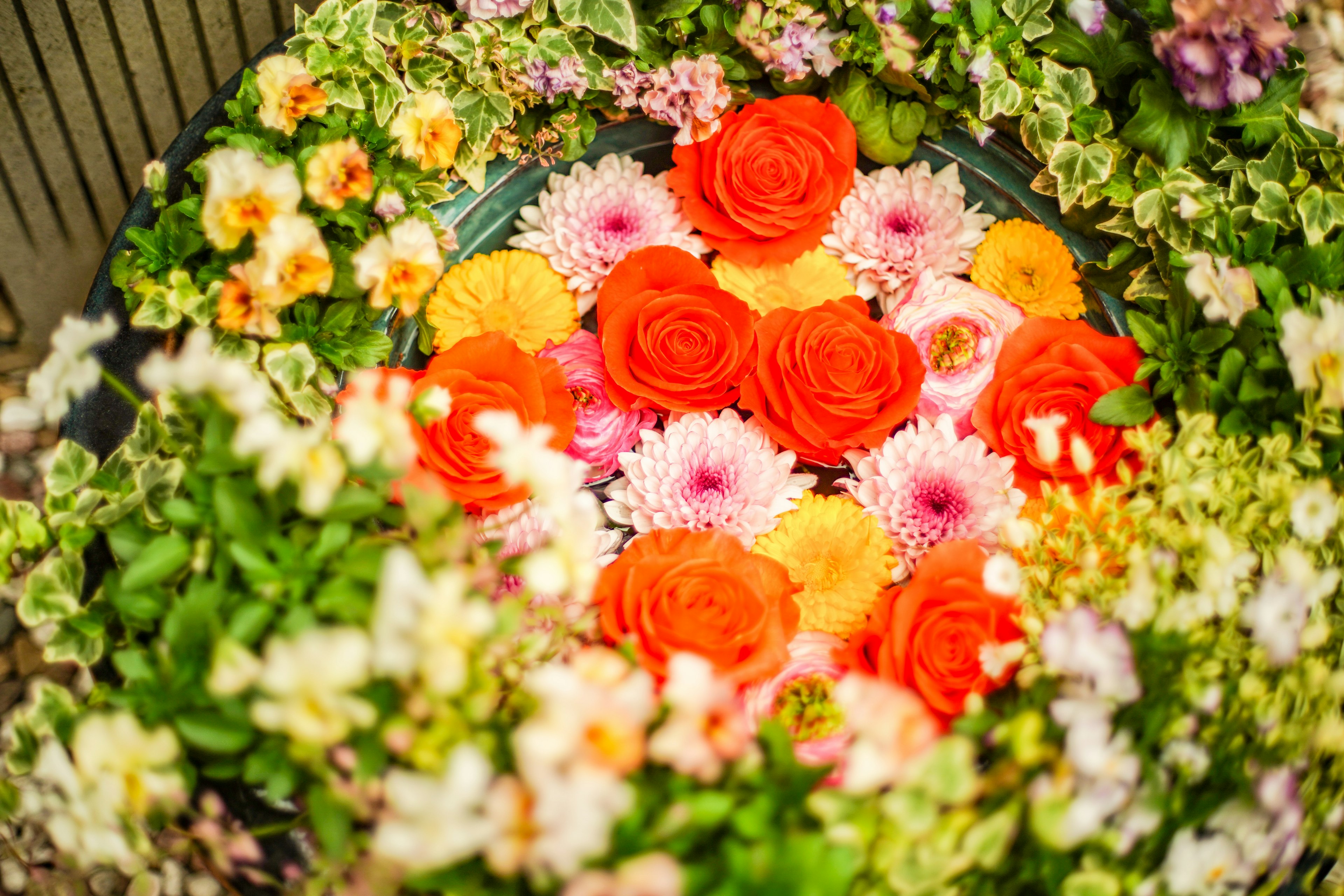 色とりどりの花々に囲まれたオレンジのバラと他の花のアレンジメント