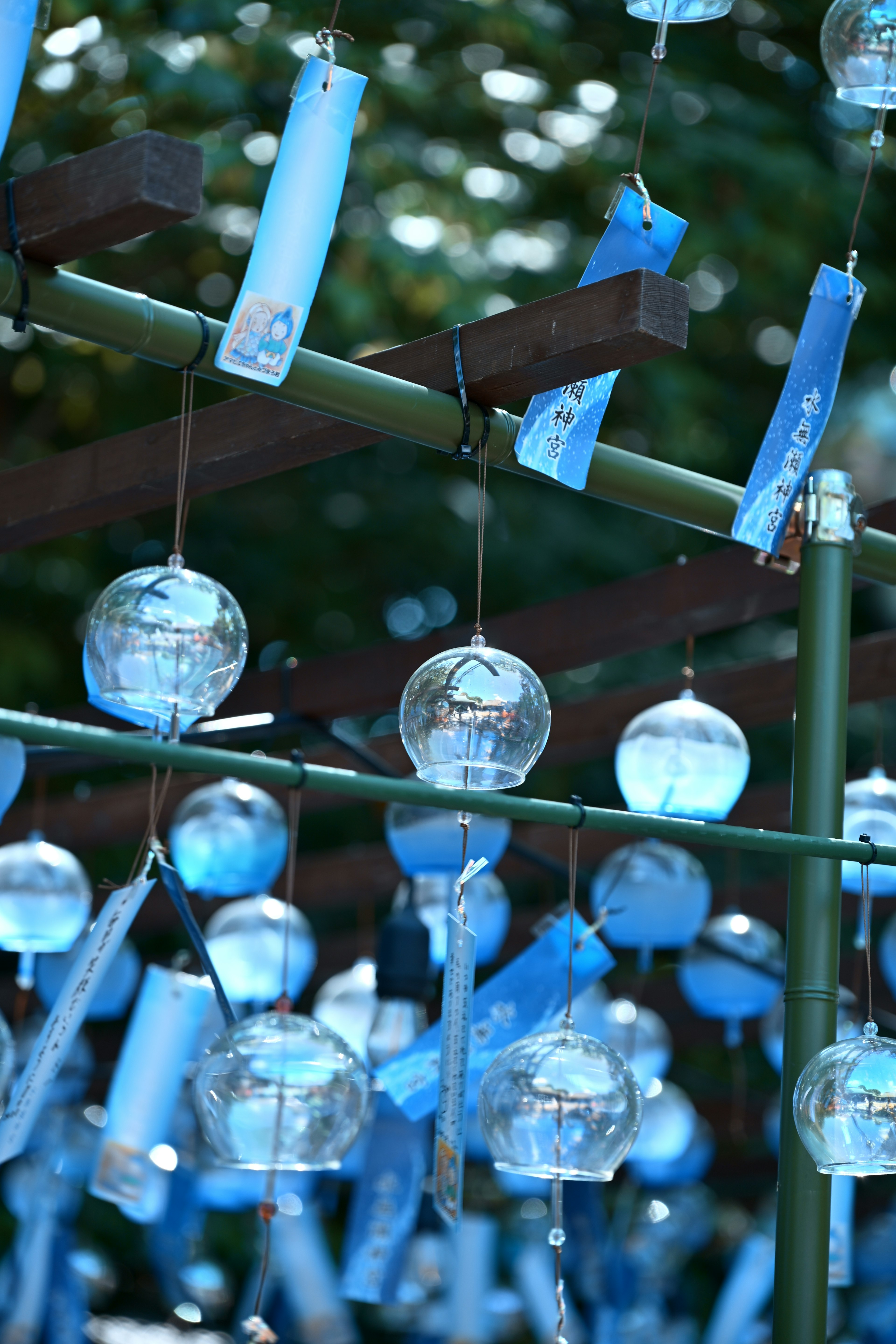 Carillons en verre bleus suspendus dans un cadre serein