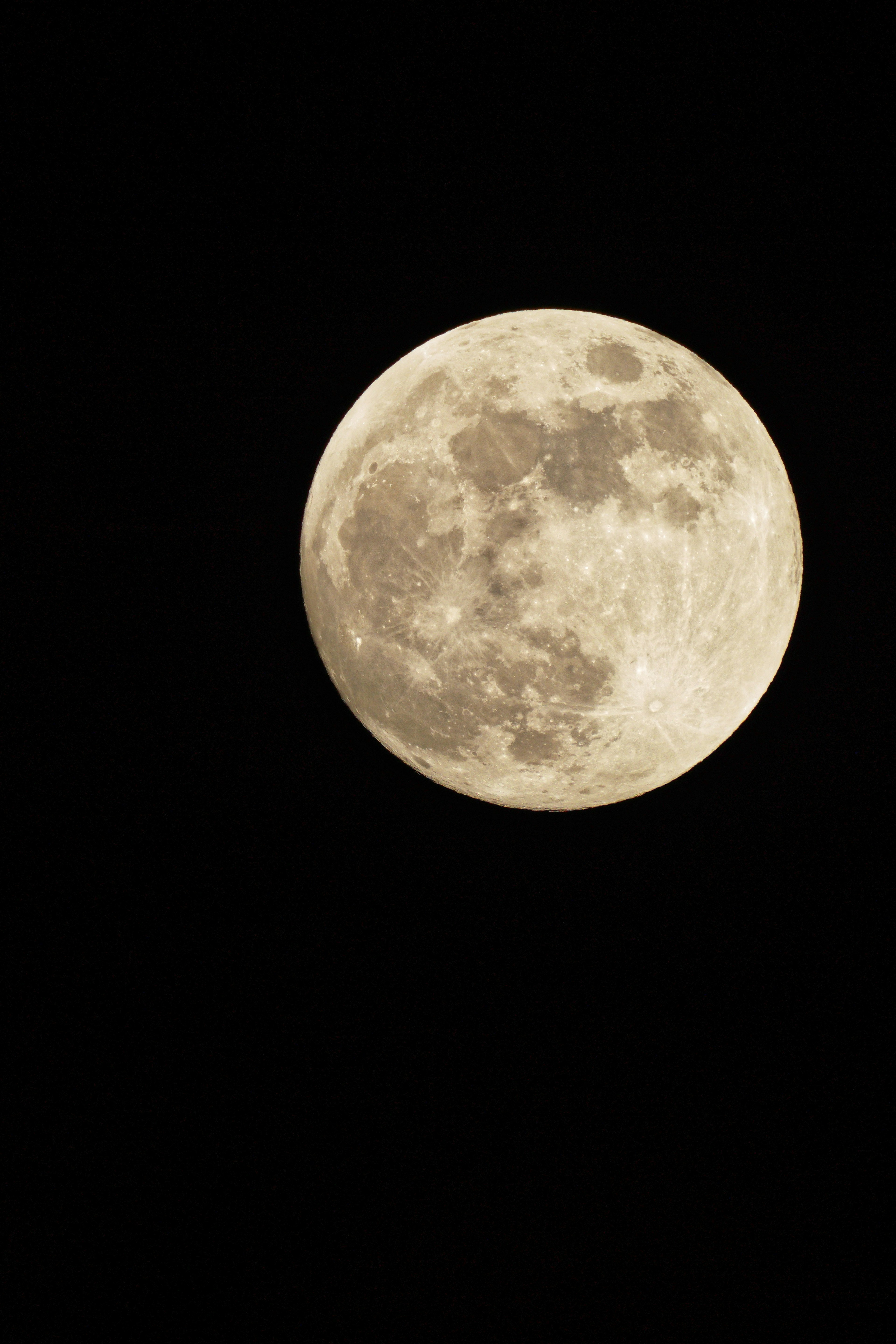 Nahaufnahme des Vollmonds vor einem schwarzen Himmel