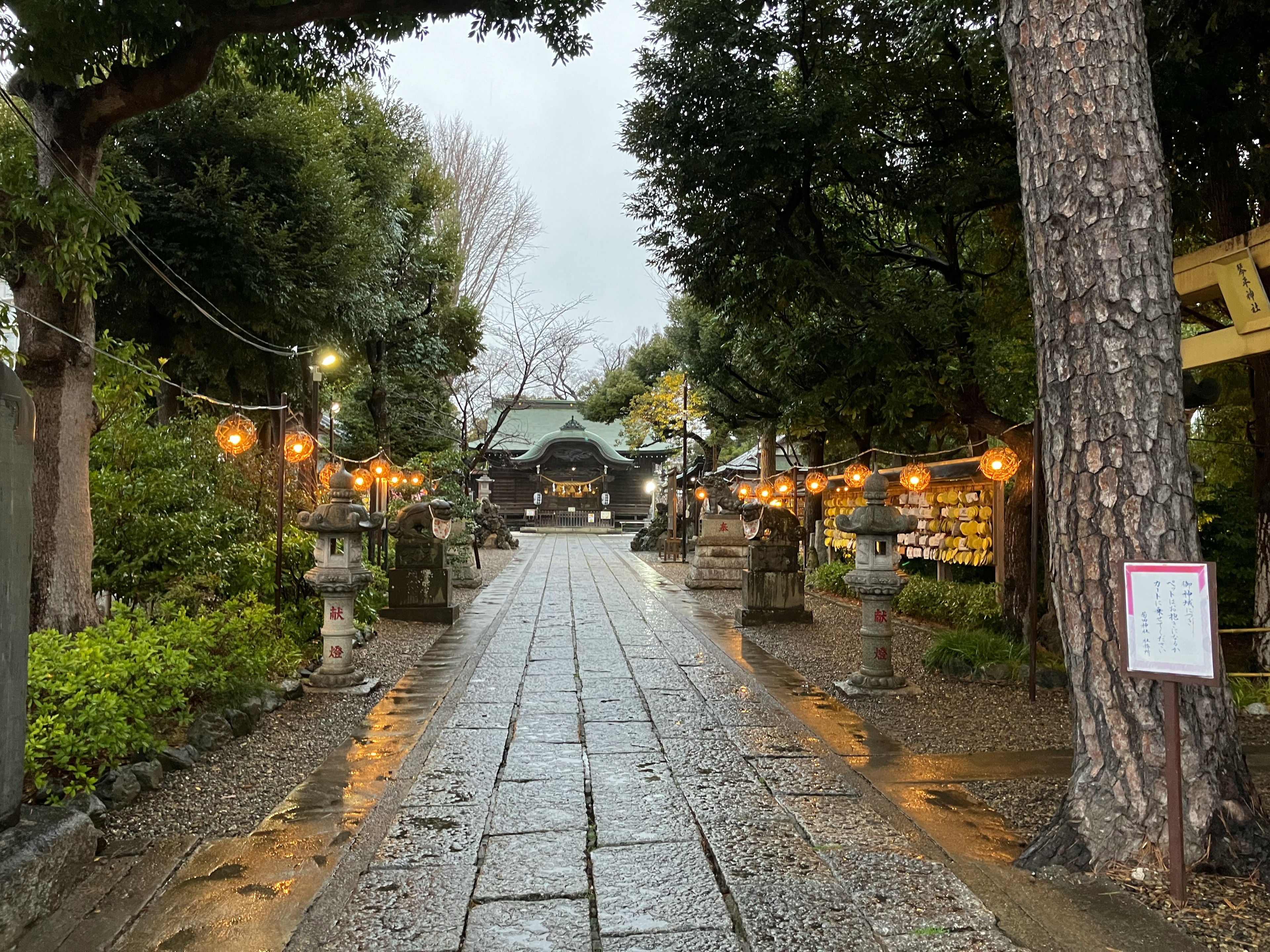 神社への石畳の道と灯籠が並ぶ風景