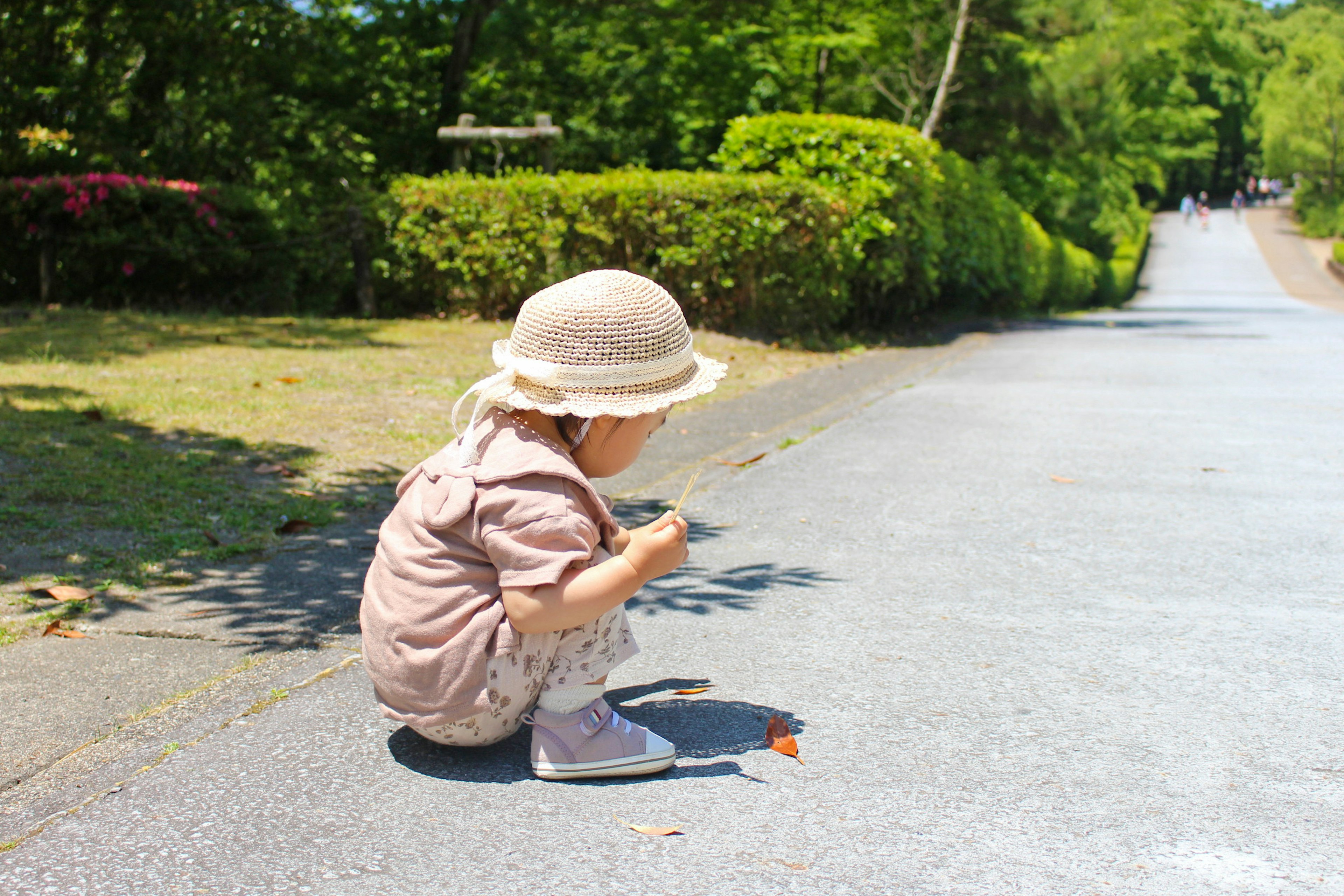 Enfant accroupi sur un chemin dans un parc verdoyant observant quelque chose