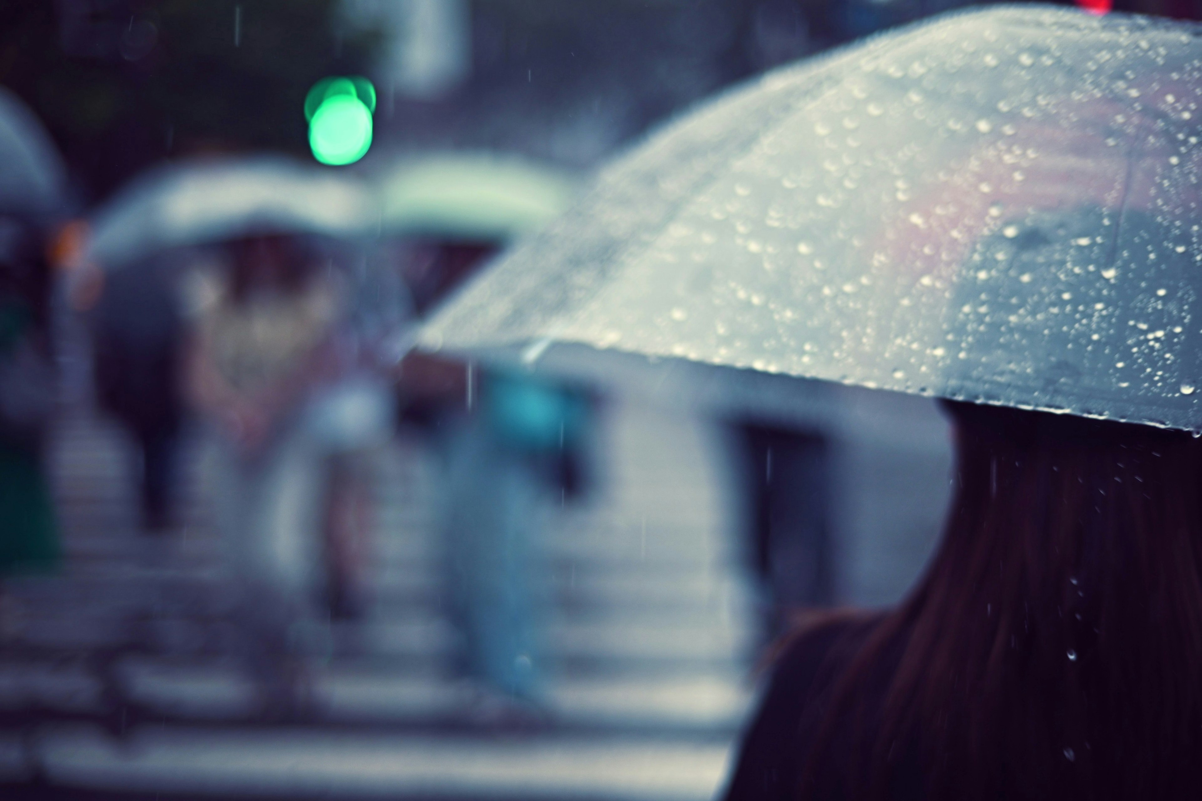 Persona sosteniendo un paraguas bajo la lluvia con figuras borrosas al fondo