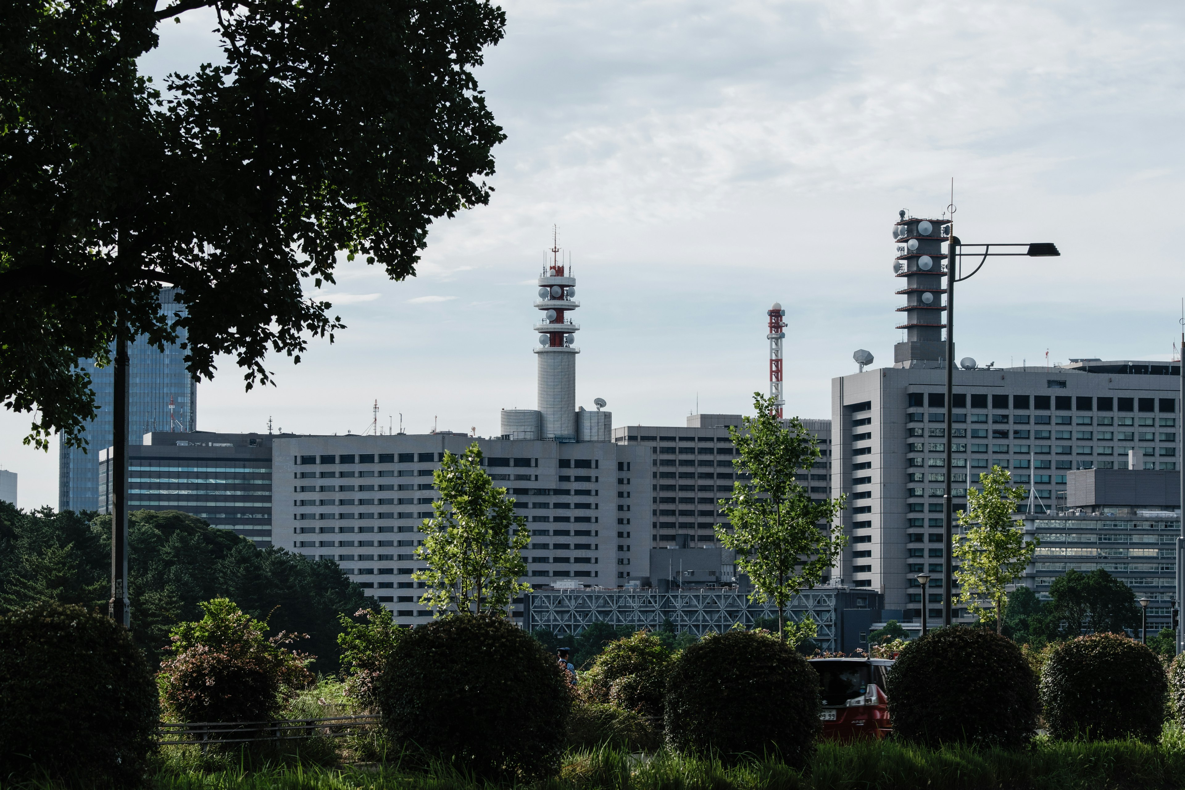 Orizzonte urbano con edifici moderni e vegetazione