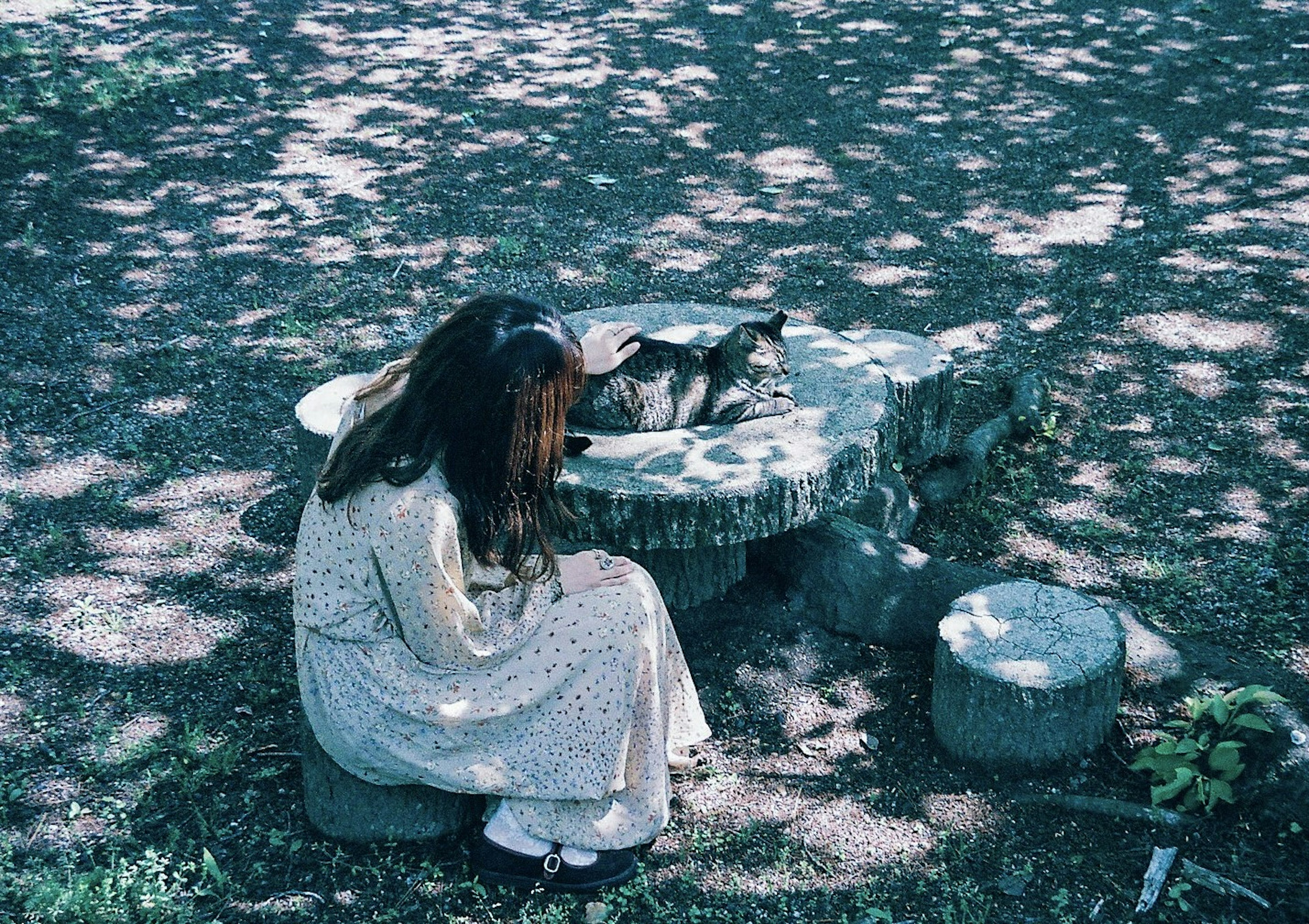 A woman sitting by a stone table interacting with a cat in a serene outdoor setting