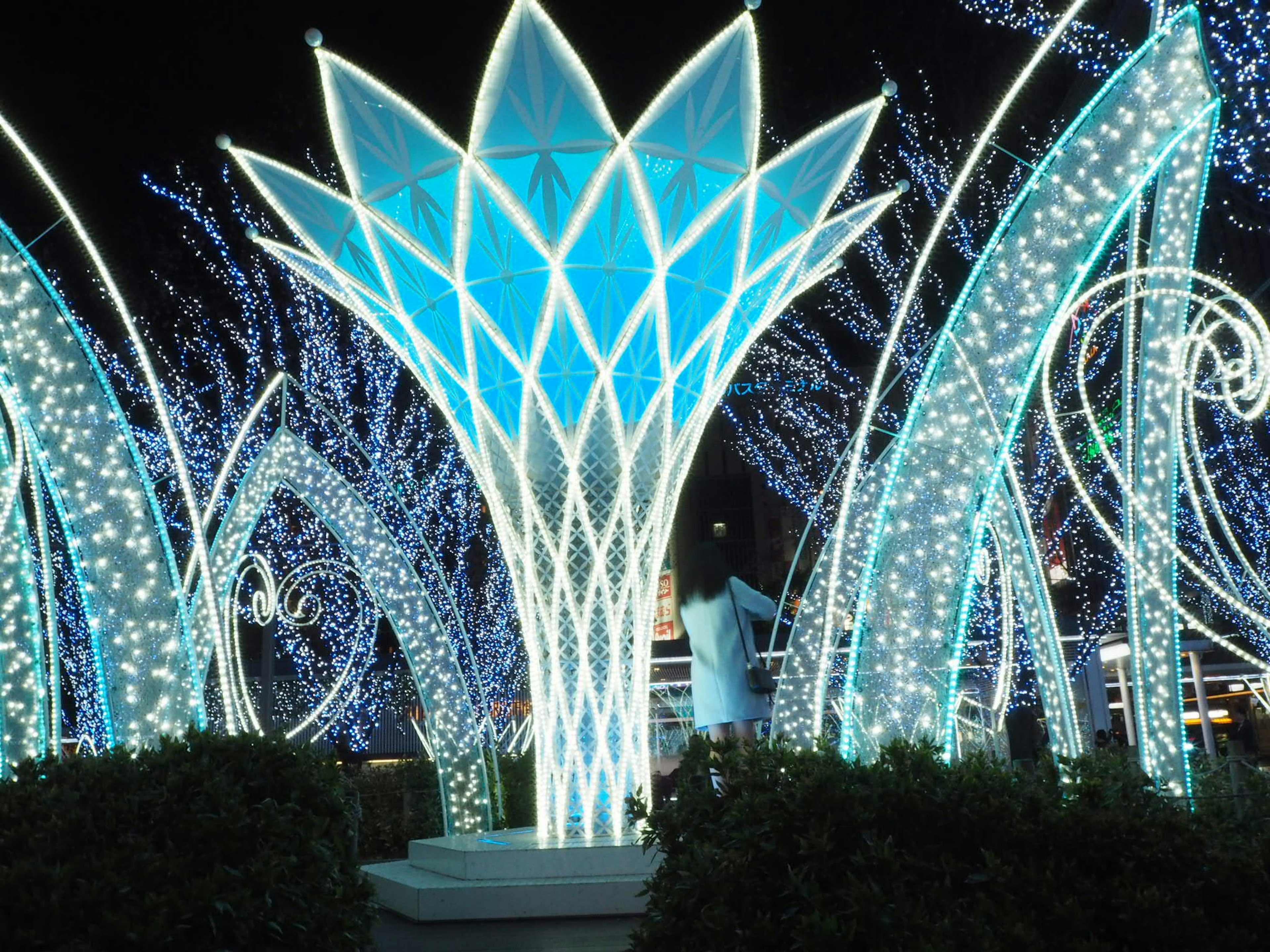 Estructura decorativa que parece una flor iluminada con luces azules y luces parpadeantes alrededor