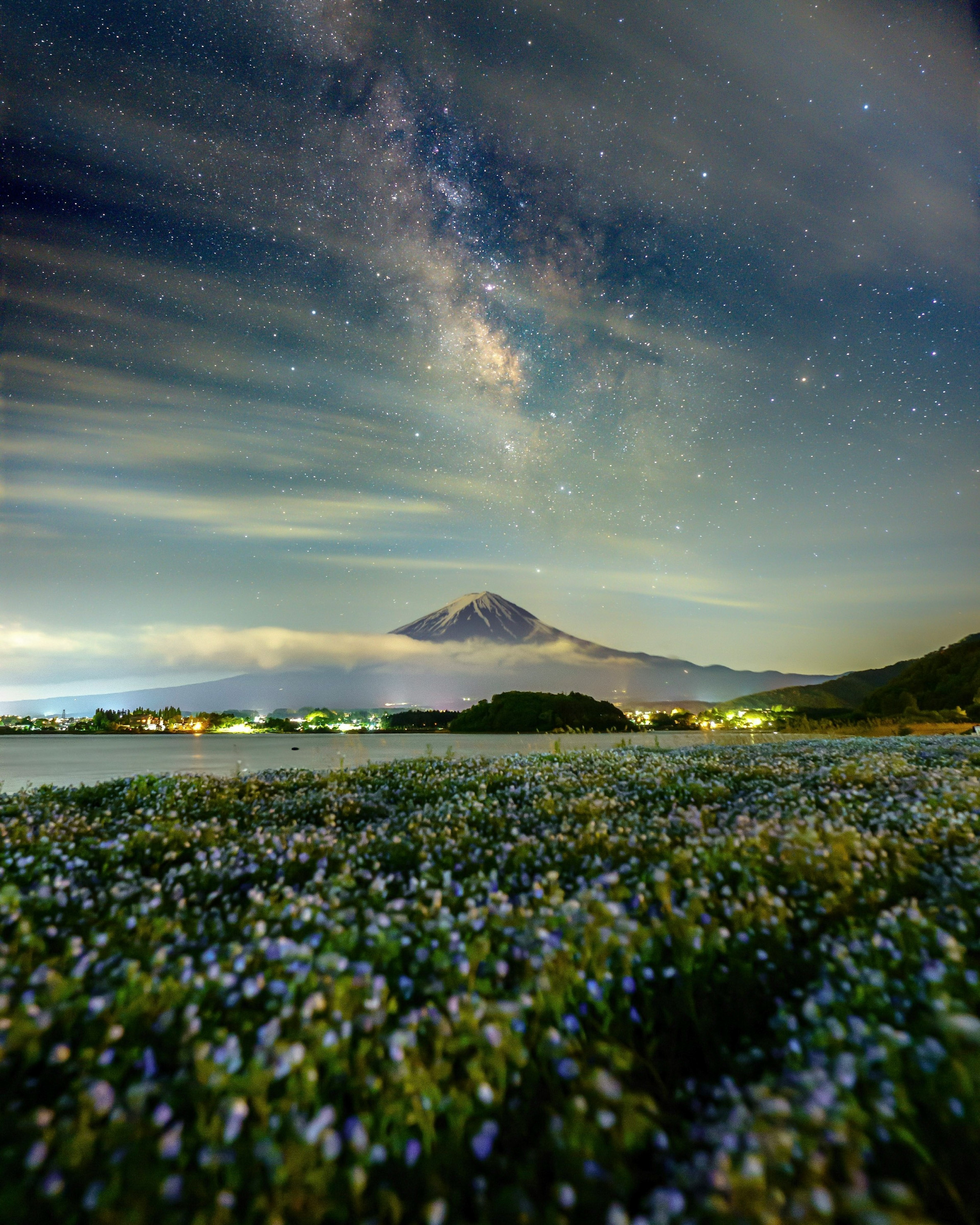 富士山と星空の美しい風景 花畑が広がる