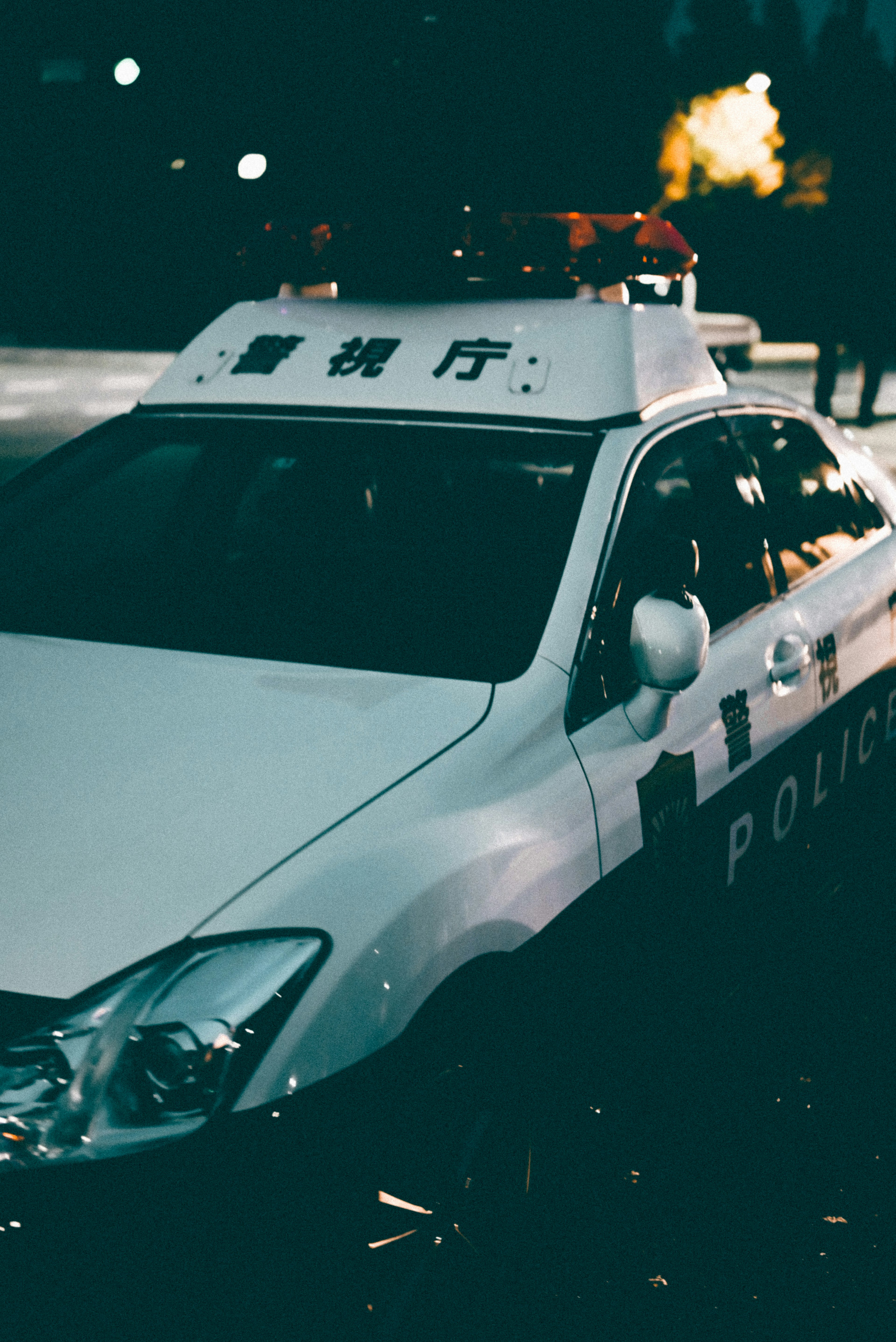 Nighttime view of a police car with a visible side profile