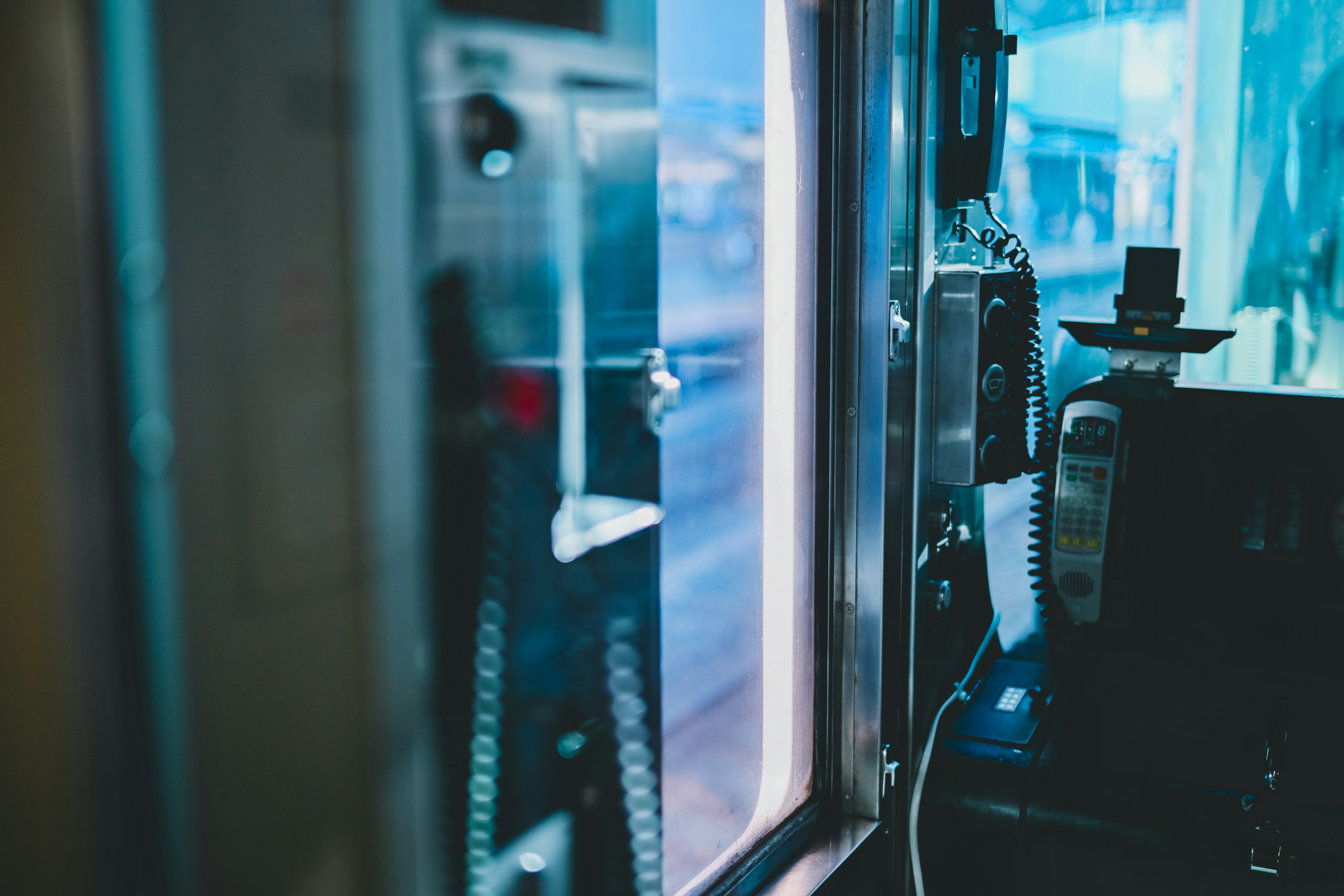 Close-up of a machine interior looking out a window