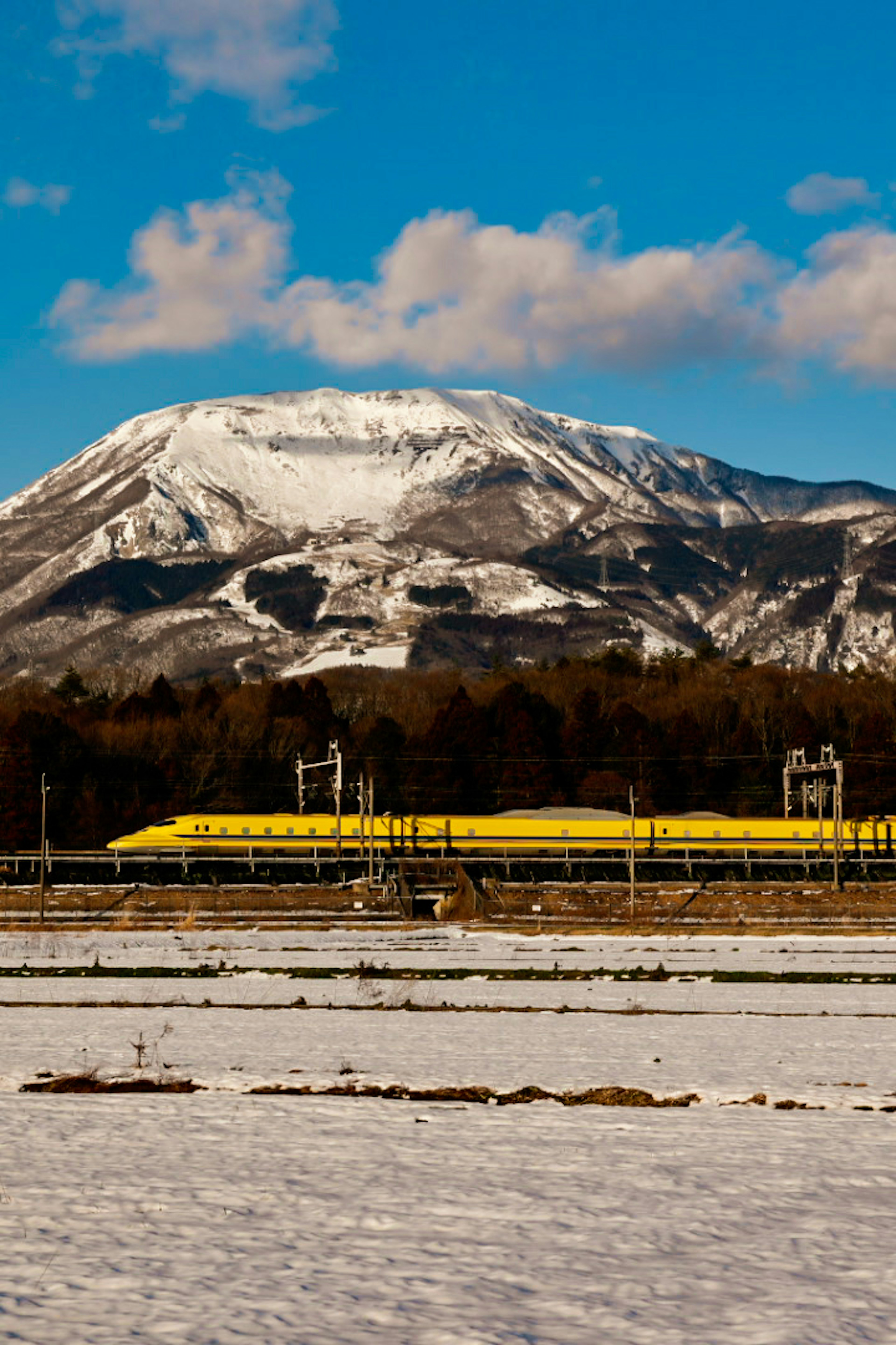 雪に覆われた山と青空の下の黄色い列車