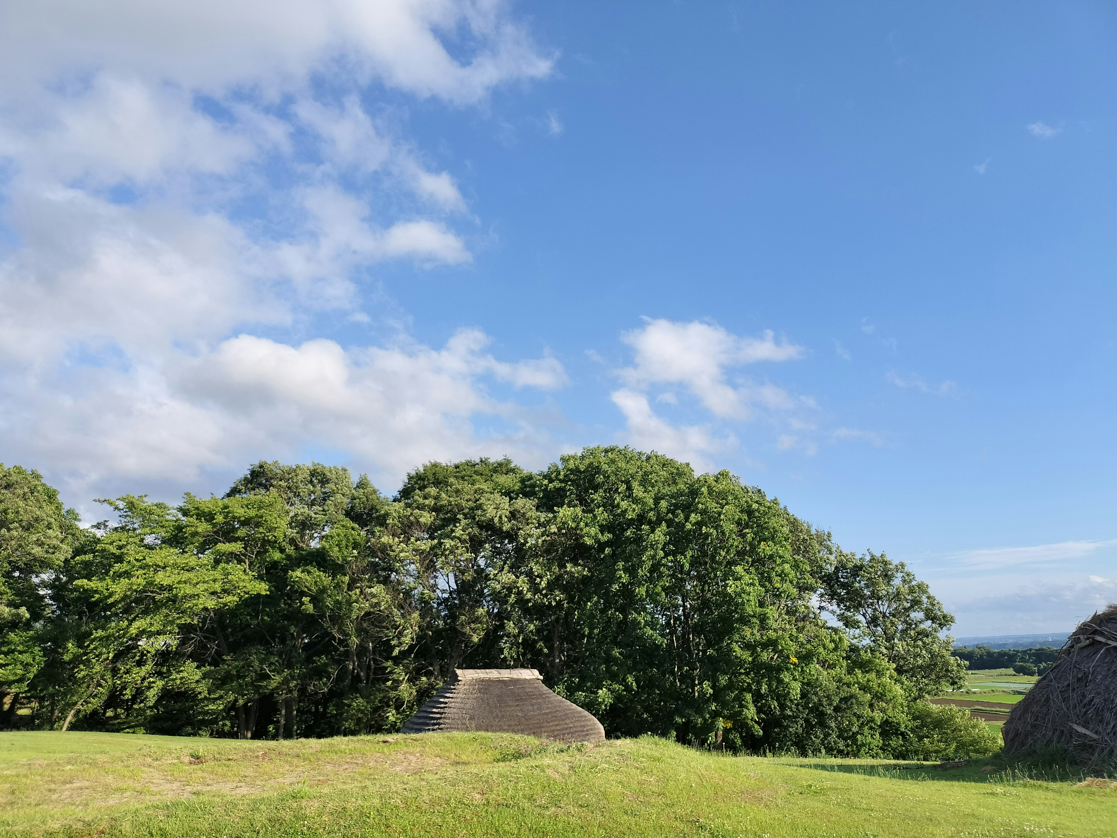 青空と緑豊かな木々が広がる風景に古い茅葺き屋根の小屋が見える